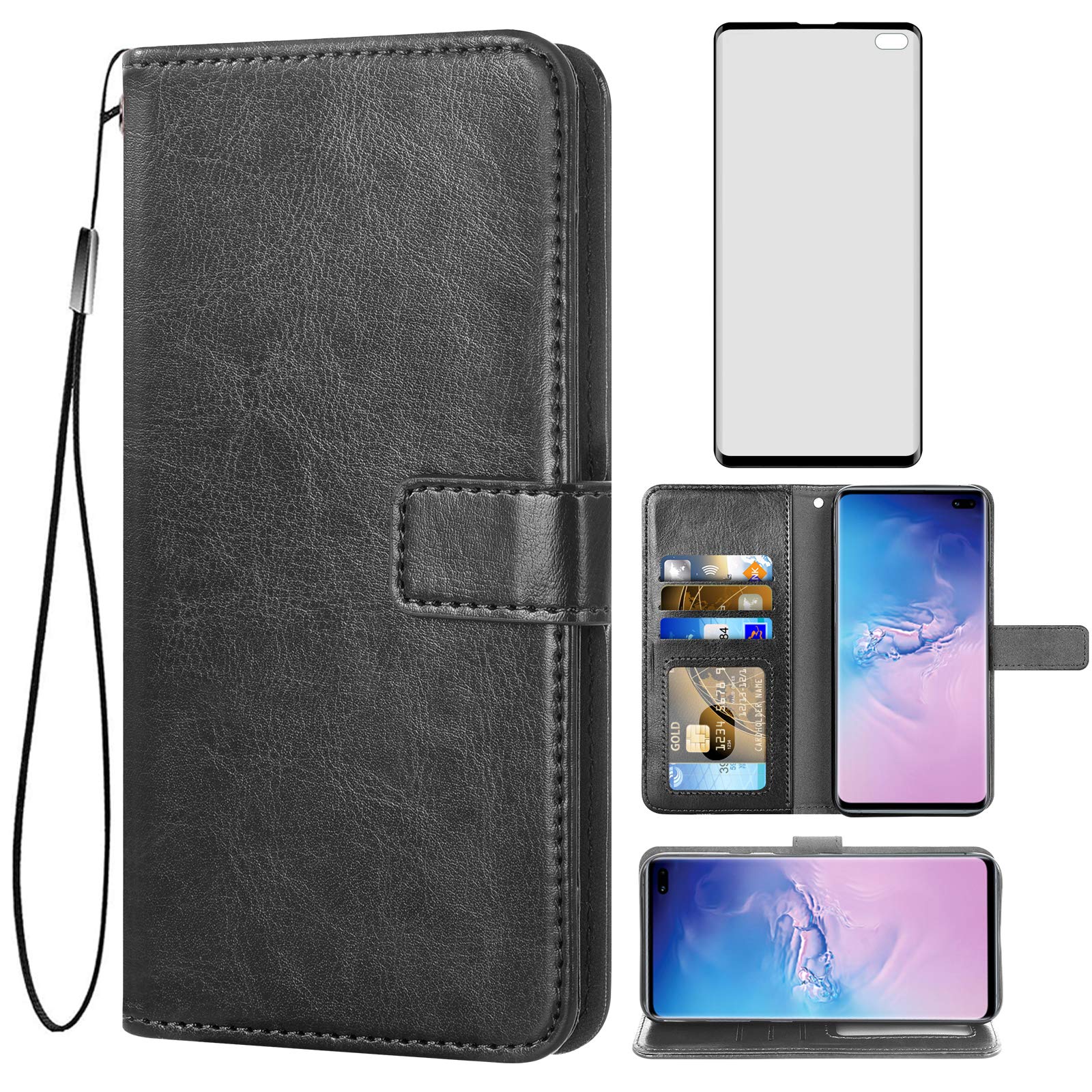 Premium Samsung Galaxy S10 Plus Wallet Case with Tempered Glass Screen Protector - Flip Cover with Card Holder for Galaxy S10+ (Black) | Perfect for Business Professionals & Daily Commuters