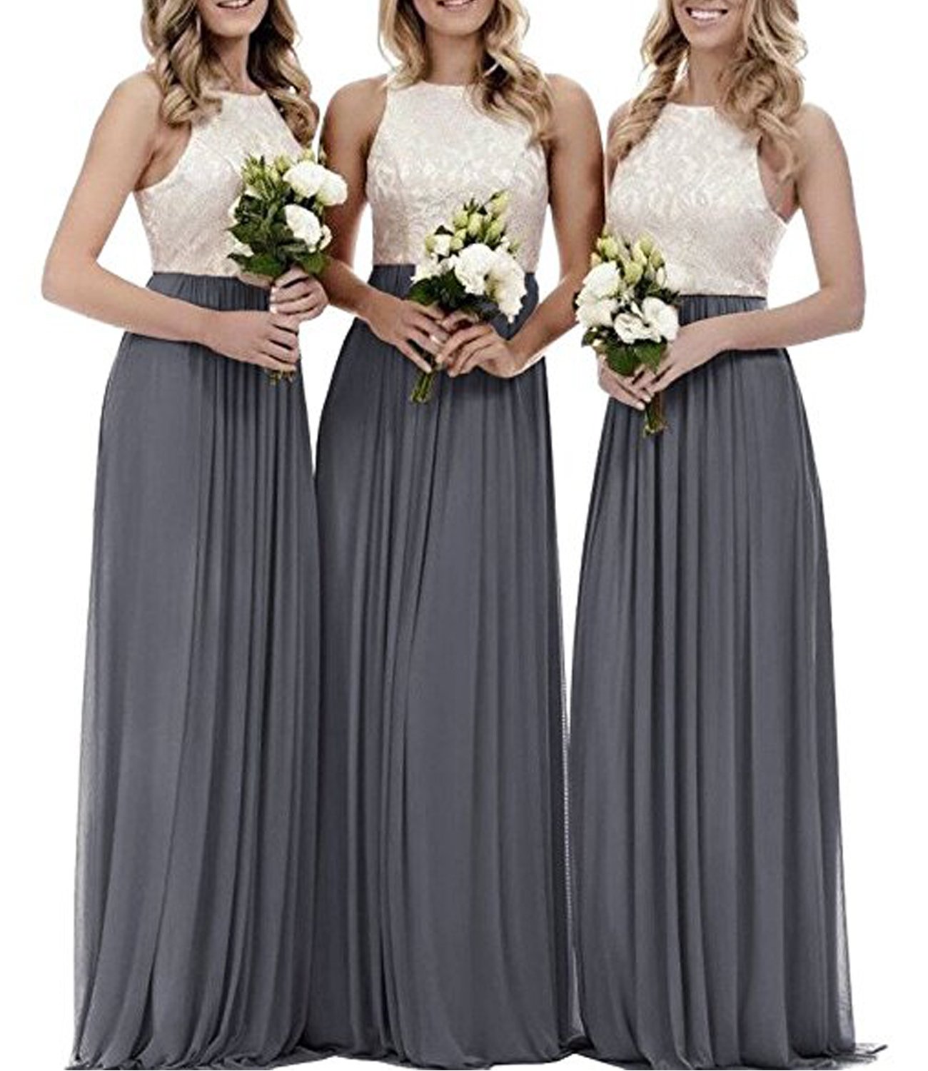 Elegant Long Gray Chiffon Wedding Party Dress for Women - Halter Lace Bridesmaid Gown Size 20 | Perfect for Bridal Showers, Formal Events & Evening Parties