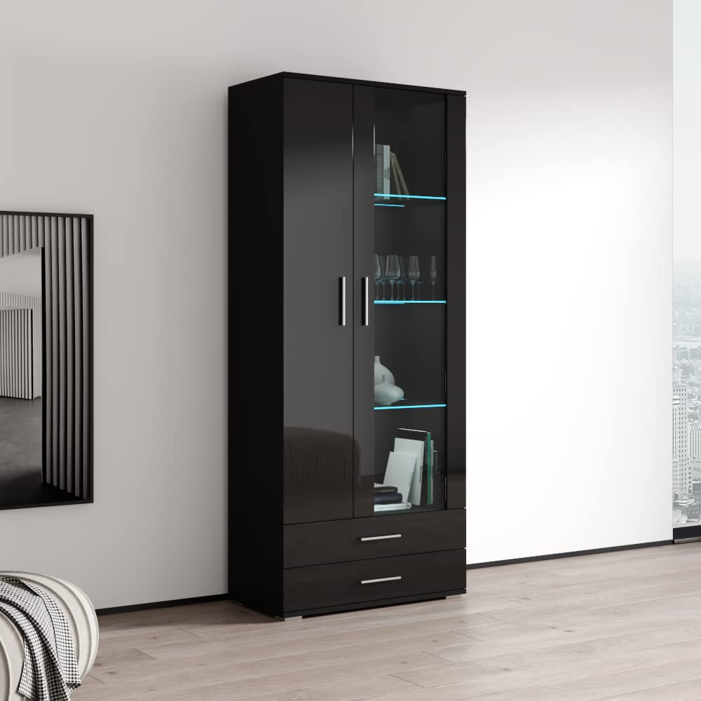 Modern Soho S6 2D2S Freestanding Bookcase - Adjustable LED Lighting Wooden Bookshelf with Mirror Cabinet - Black - Stylish Home Office & Living Room Storage Solution