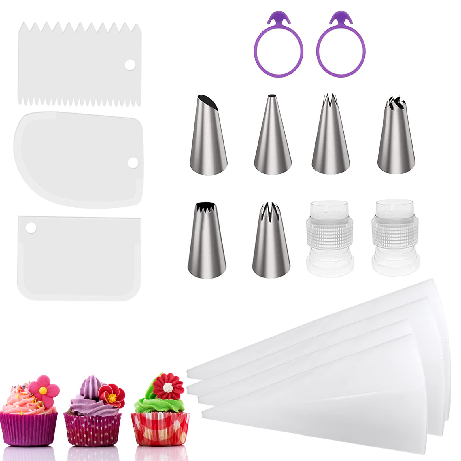 17pcs Reusable Piping Bags & Tips Set - 4 Silicone Icing Pastry Bags, 6 Stainless Steel Frosting Tips, 2 Piping Bag Ties, 2 Couplers, 3 Cake Scrapers (White) | Professional Cake Decorating Kit for Baking, Cupcakes, Cookies & Desserts