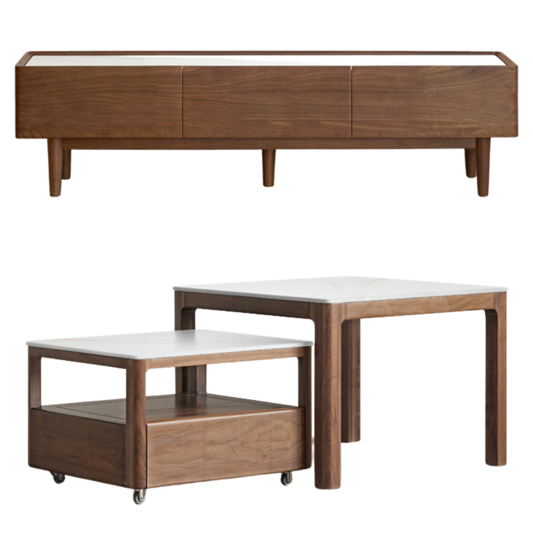 Modern Black Walnut Solid Wood TV Stand with Slate Top - Perfect for Living Room, Home Theater & Entertainment Center Storage