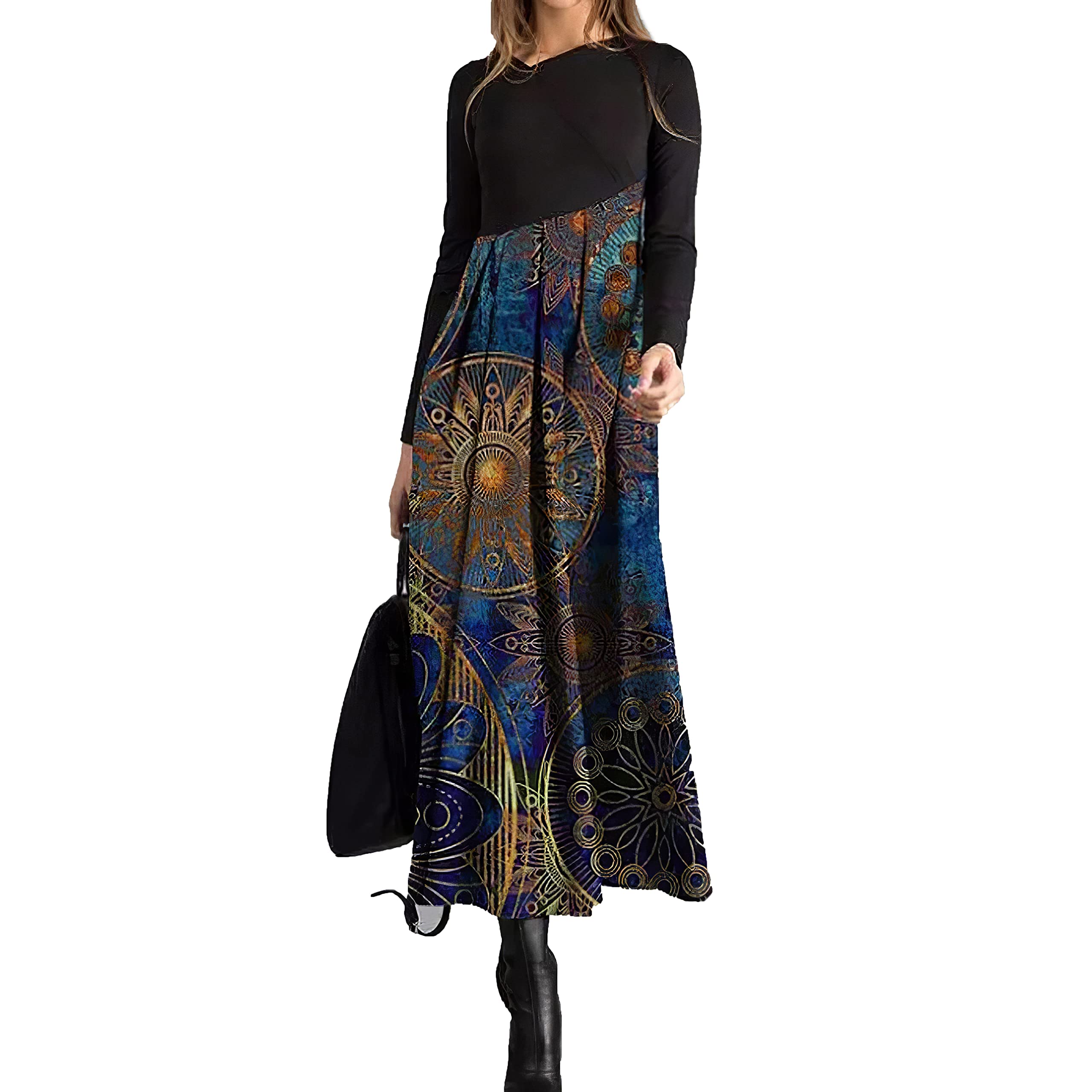 Akivide Women's Long Sleeve Empire Waist Maxi Dress - Casual Loose Flowy Summer Dress for Beach, Party & Everyday Wear