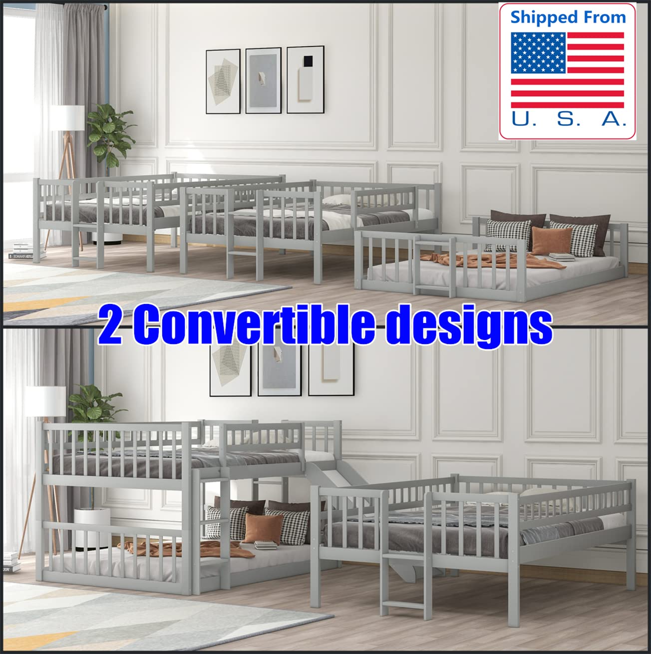 Sturdy Triple Bunk Bed with Slide for Kids - Gray Solid Wood | Space-Saving for Small Rooms