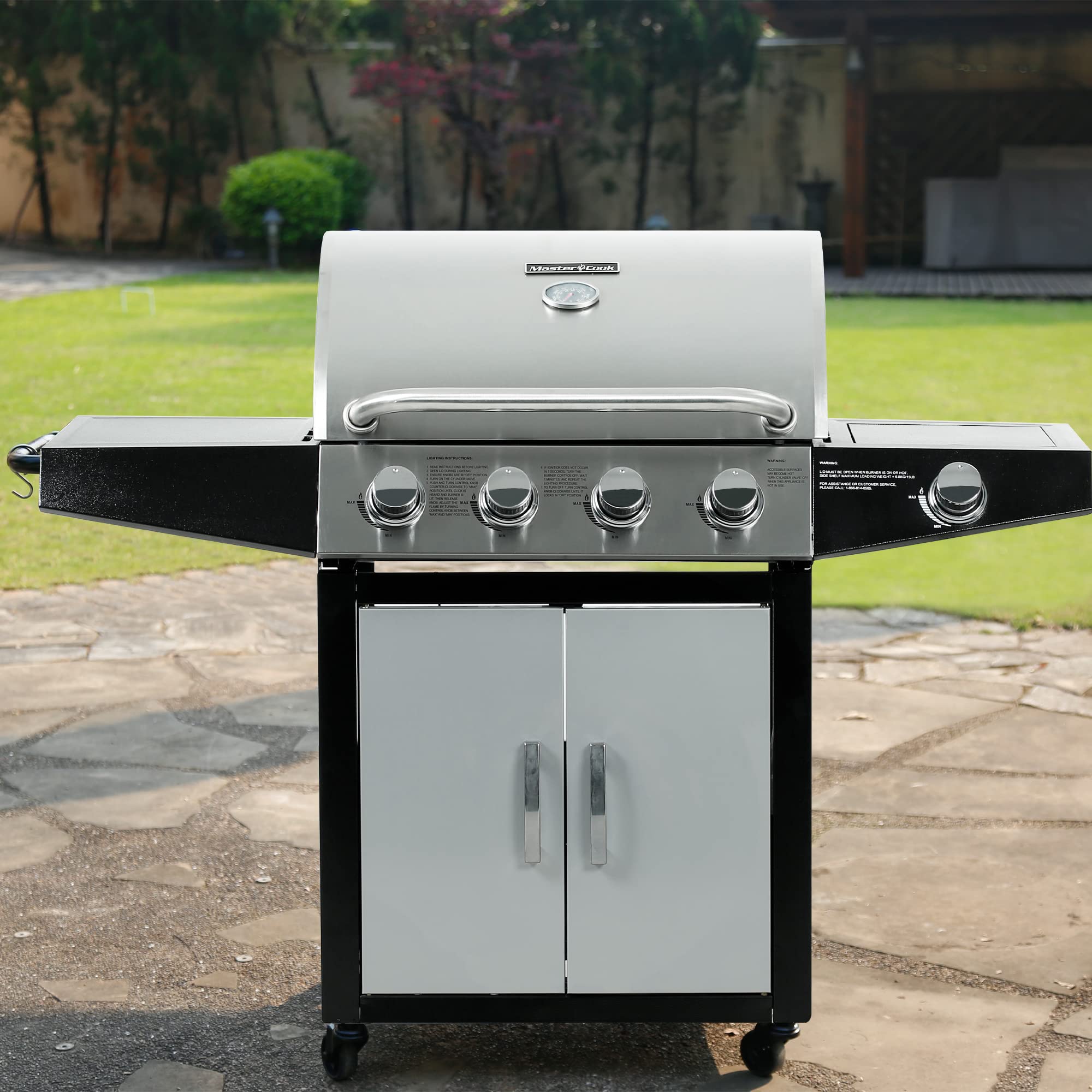 MASTER COOK 4-Burner Outdoor Propane Gas Grill with Side Burner - Stainless Steel BBQ Grill for Backyard, Patio & Camping - Silver Black (Liquid Propane)