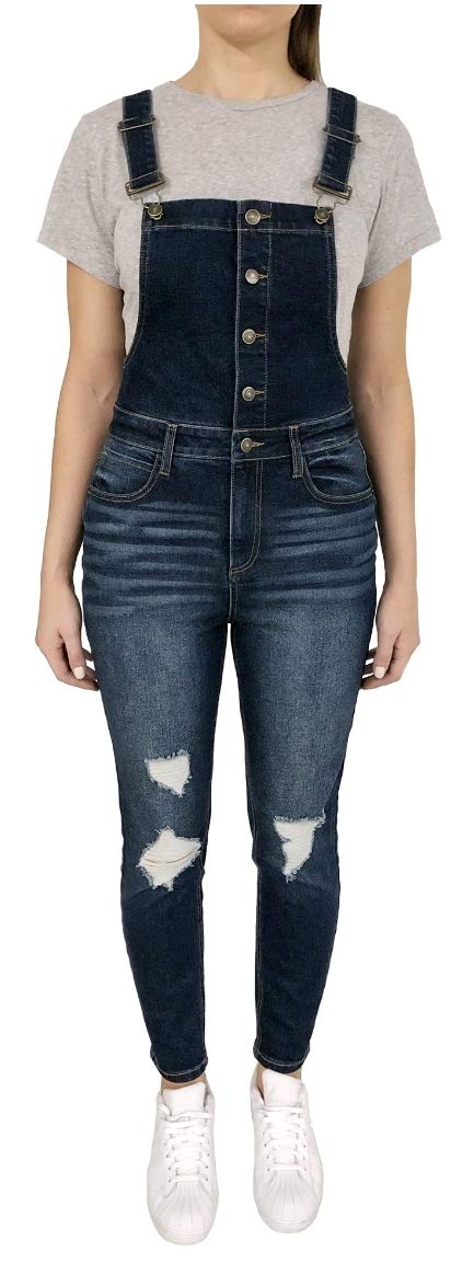No Boundaries Junior's Dark Wash Skinny Denim Overalls for Girls | Stretch Comfort Fit | 3XL Plus Size | Casual Outfit, School Wear & Weekend Fashion