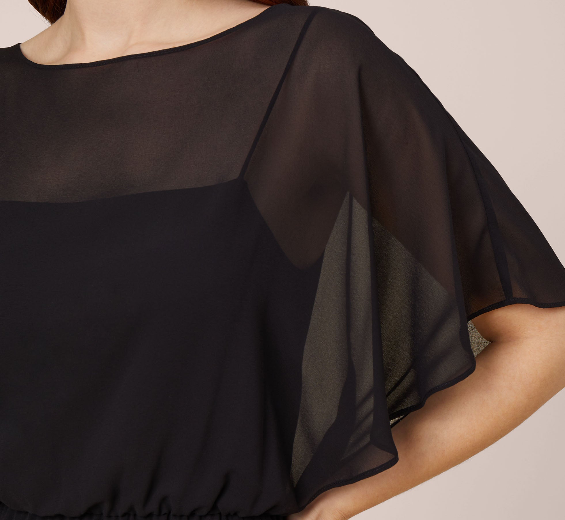 Elegant Black Chiffon Blouson Midi Dress with Flutter Sleeves - Perfect for Weddings, Parties & Special Occasions