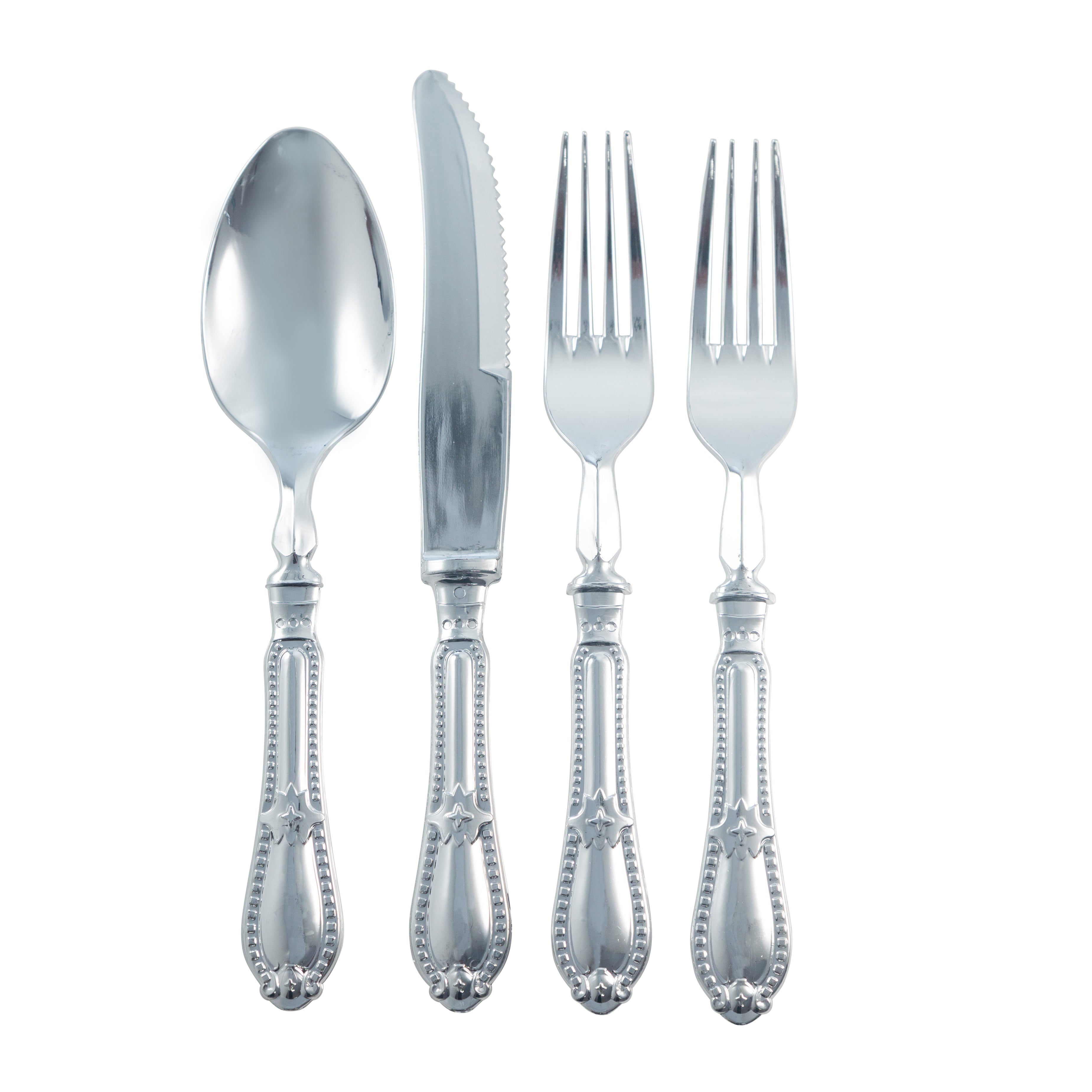 Disposable Shiny Metallic Silver Flatware Set - Elegant Baroque Style Cutlery for Parties, Weddings & Special Events
