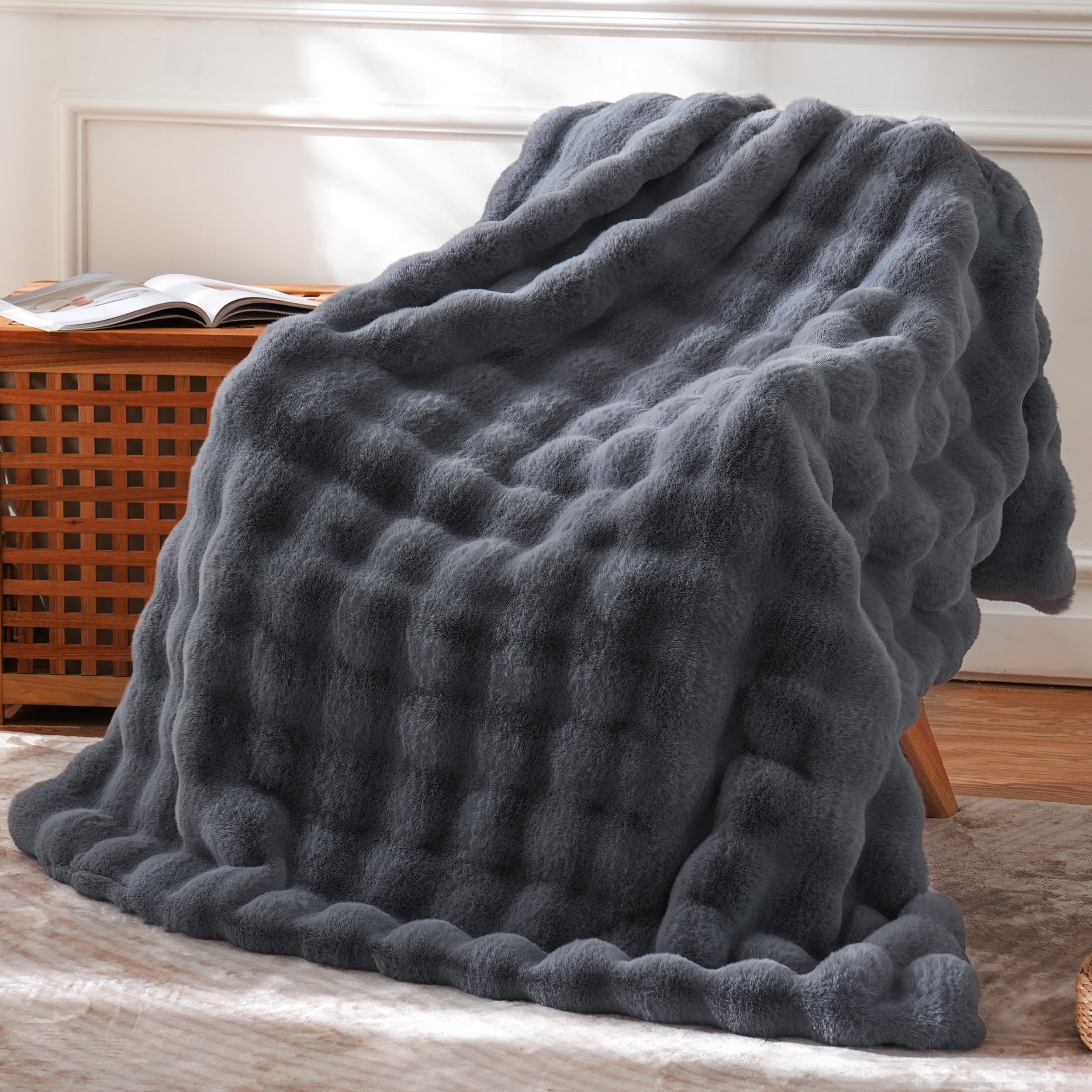 Soft Faux Fur Throw Blanket - Plush Fleece Bubble Blanket for Couch, Chair & Bed - Ultra Cozy & Thick 51x63 Inches Graphite Gray - Perfect for Winter Nights, Movie Time & Home Decor