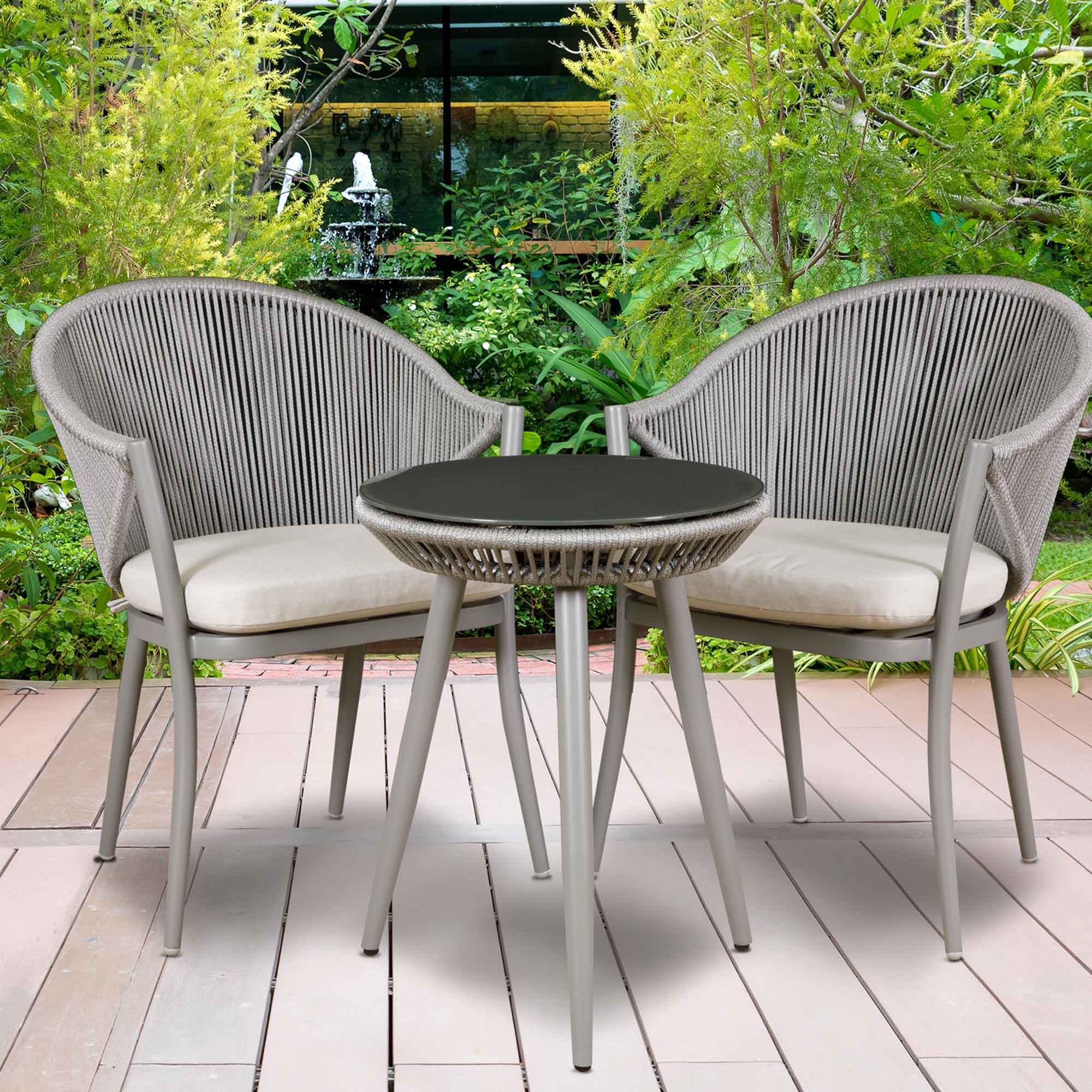 Echo 3-Piece Aluminum Patio Set with Tempered Glass Table Top - Grey DG58 | Outdoor Dining & Relaxing on Balcony, Deck or Garden