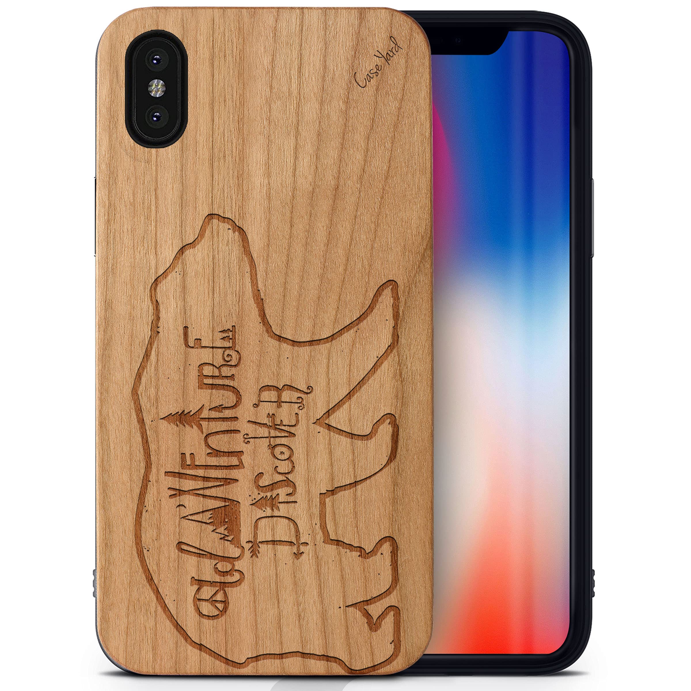 CaseYard Cherry Wood iPhone X Case - Laser Engraved Discovery & Adventure Design | Slim Fit Shockproof Protective Cover for Men & Women | Perfect for Outdoor Enthusiasts & Travel Lovers