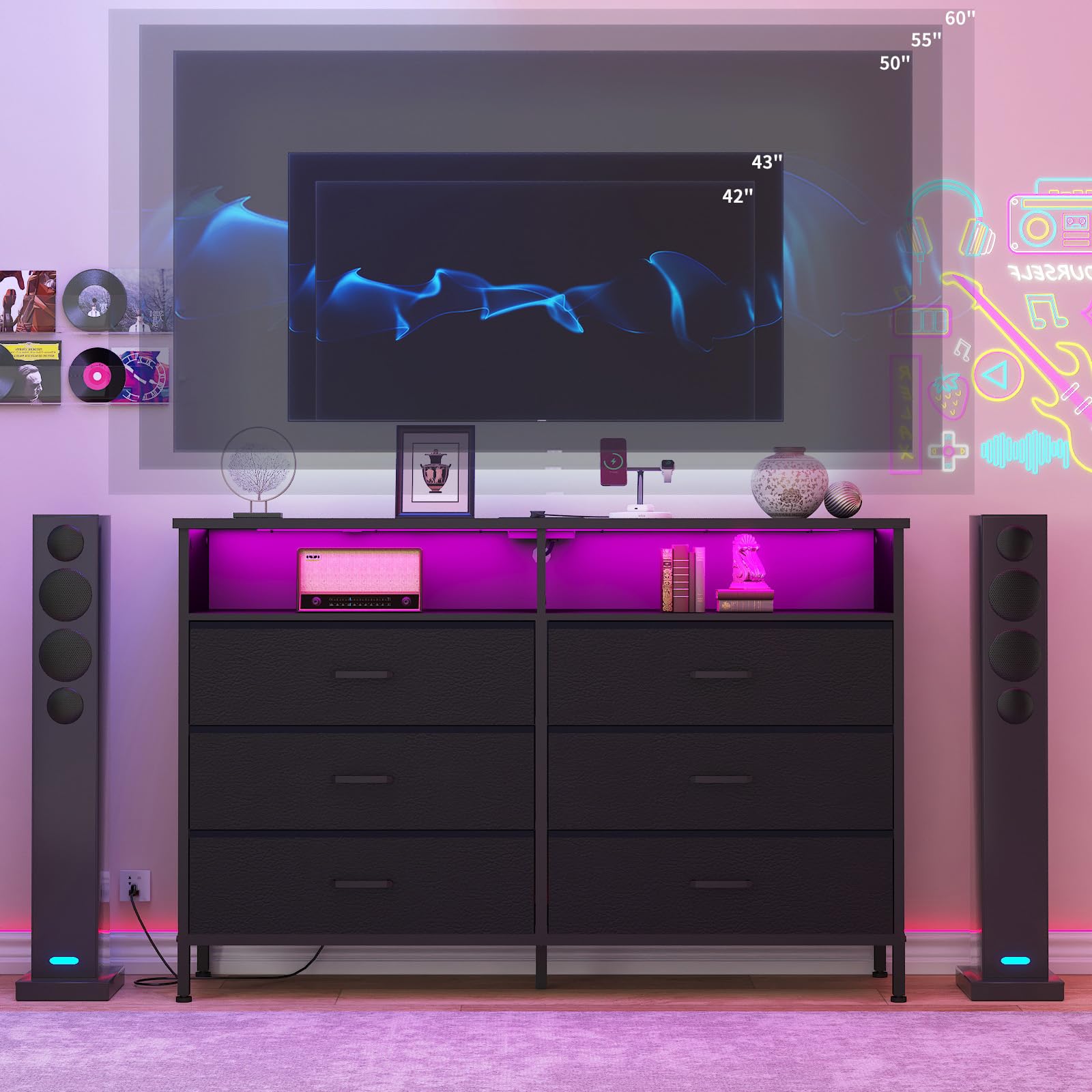 LED Fabric Dresser with Charging Station - 6 Drawer Storage for Bedroom & Living Room TV Stand