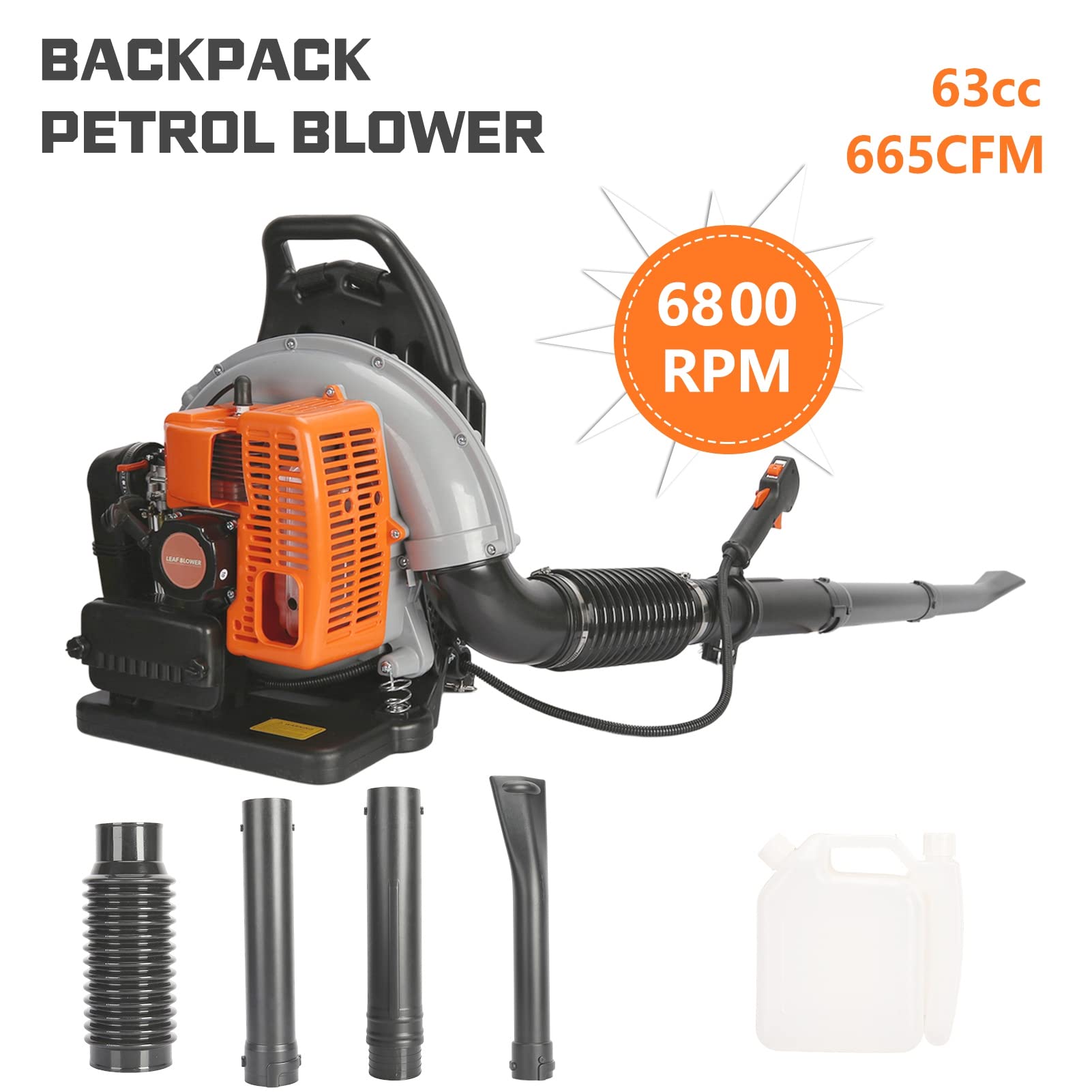 63CC 3HP 2-Stroke Gas Powered Backpack Leaf Blower - High Power Lawn & Garden Blower for Leaves, Snow, Grass - Single Cylinder Air-Cooled Engine - Ideal for Yard Cleaning, Gutter Maintenance & Snow Removal