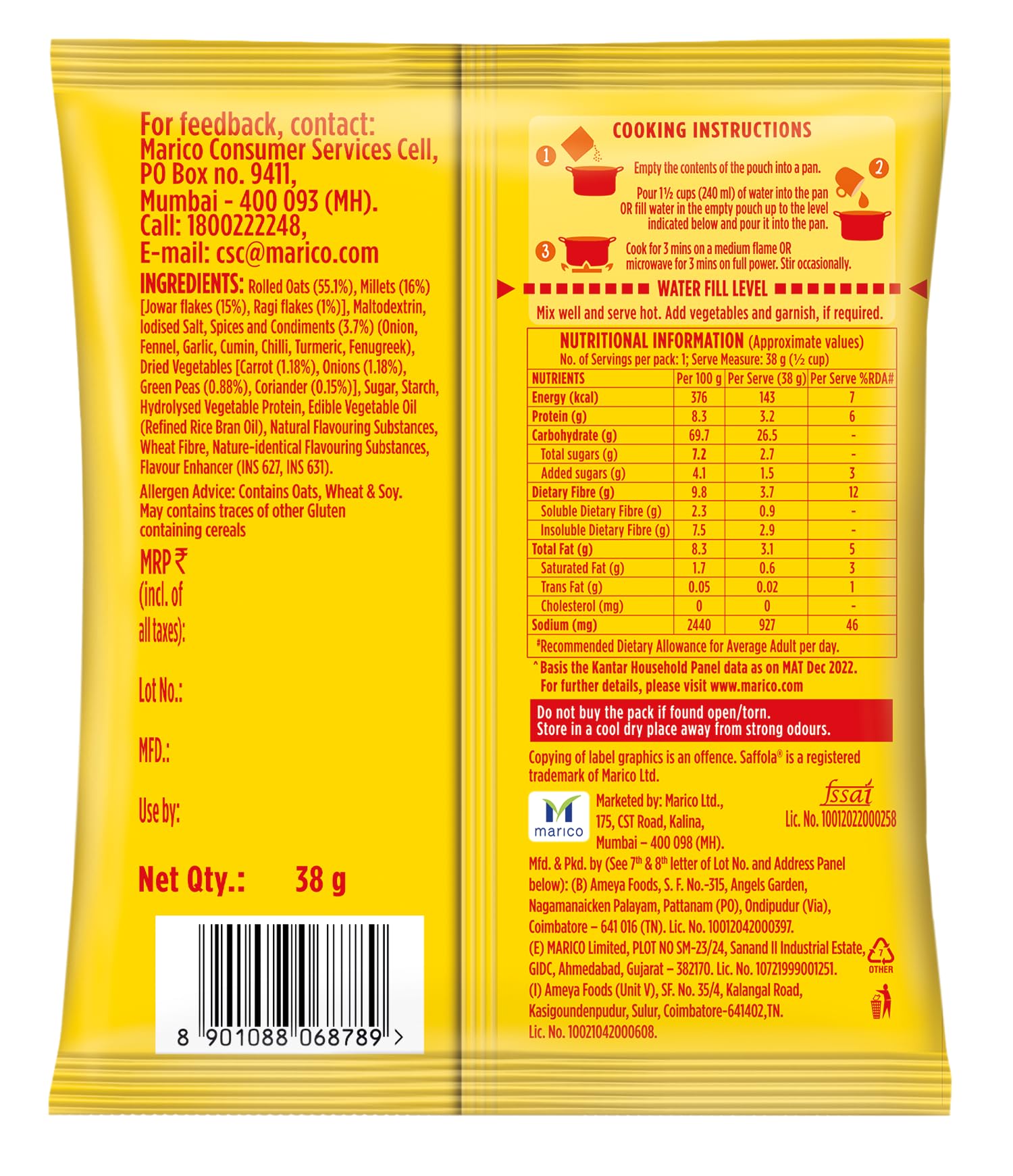Saffola Masala Oats - Spiced Coriander Flavor - 39g (1.37oz) - Vegetarian Instant Oatmeal from India - Perfect for Breakfast, Snacks & Healthy Lifestyle