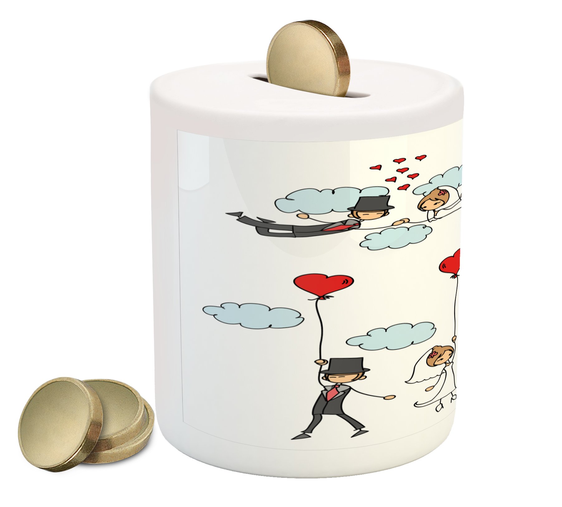 Ambesonne Wedding Piggy Bank - Cartoon Couple Romantic Ceramic Money Box for Newlyweds, Cash Savings & Gifts | Perfect for Bridal Showers, Anniversaries & Couple Home Decor (Red, Mint Green, Grey)