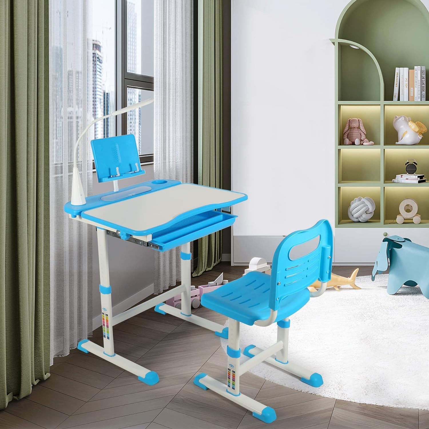 Adjustable Kids Desk and Chair Set - Ergonomic Study Table for Children with Book Stand, Drawer & LED Light - Perfect for Home Schooling, Online Learning & Art Activities (Blue)