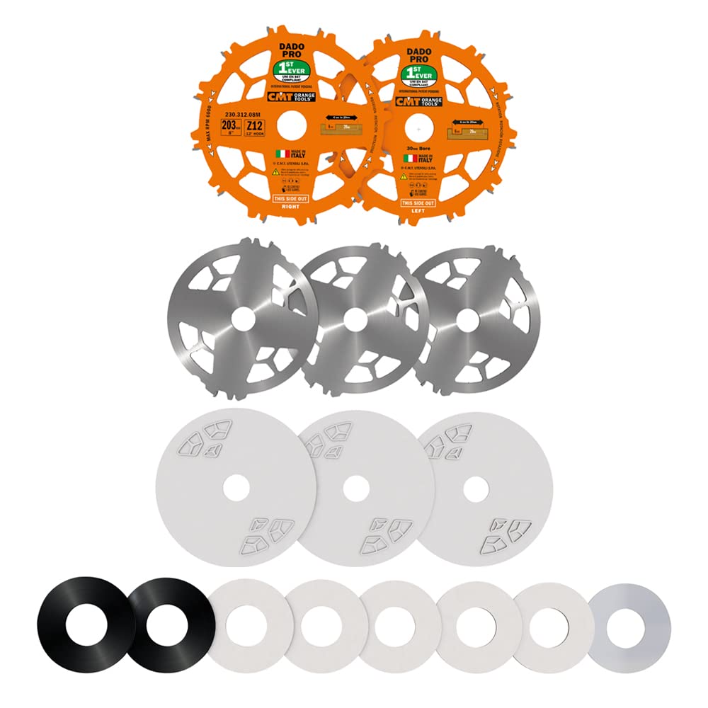 CMT Dado Pro Stacked Dado Set with Lock Spacers - 8 Inch (203mm) Diameter, 5/8 Inch (15.88mm) Arbor - Perfect for Woodworking, Cabinet Making, and Precision Joinery