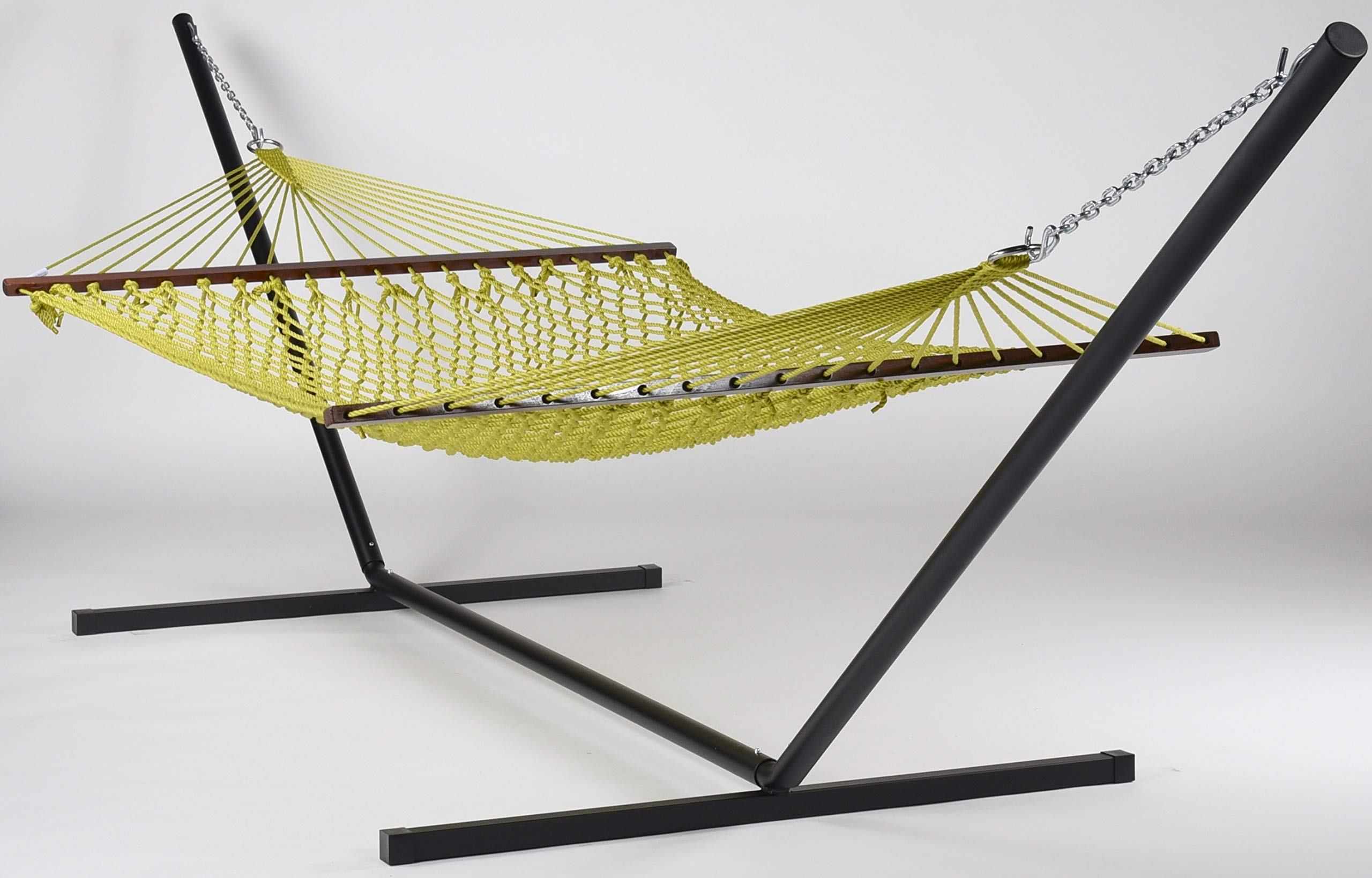 Premium Olive Rope Hammock with Black Tri-Beam Stand - Heavy Duty Outdoor Hanging Bed for Patio, Backyard, Beach & Camping Relaxation