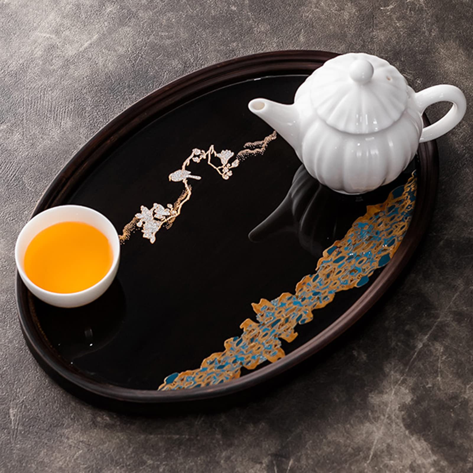 Premium Japanese Style Bamboo Tea Tray - Handcrafted Resin & Walnut Serving Tray for Coffee, Tea & Snacks - Elegant Oval Large Food Tray for Home, Office & Zen Decor - Perfect for Tea Ceremonies, Entertaining Guests & Asian-Inspired Dining