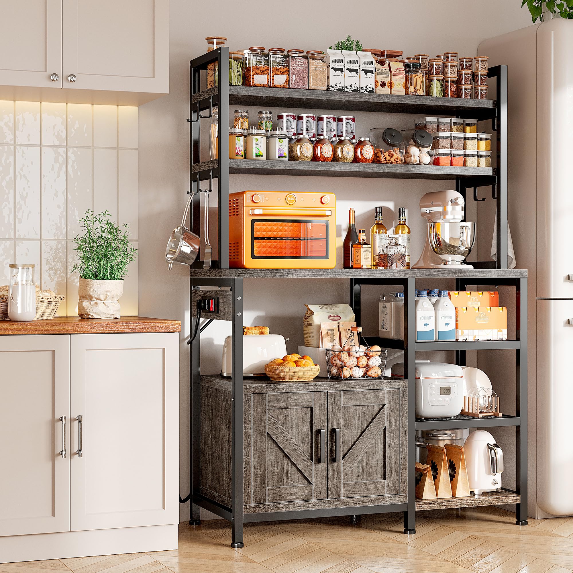 EnHomee 6-Tier Bakers Rack with Power Outlet & Storage Cabinet - Microwave Stand with Side Hooks, Kitchen Utility Shelf for Coffee Bar & Small Appliances - Perfect for Home Kitchens, Dining Rooms & Coffee Stations