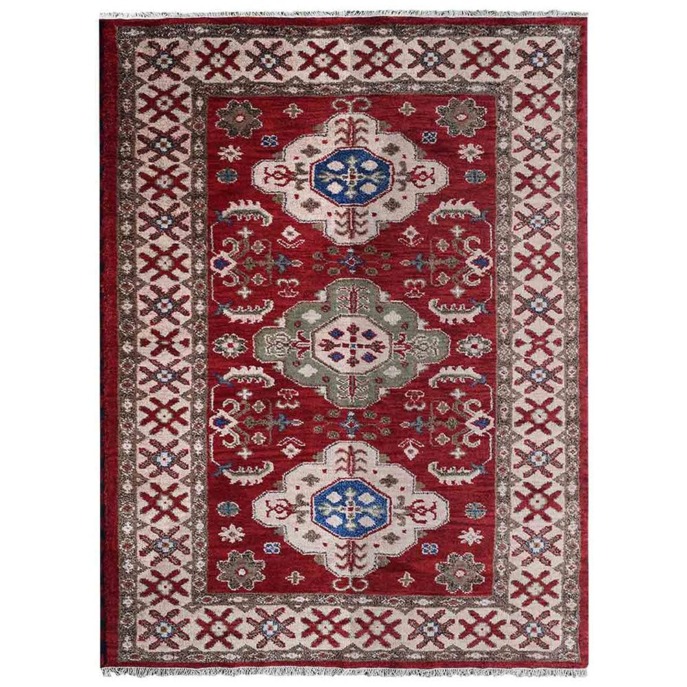 Hand Knotted Wool & Silk Eco-Friendly Oriental Area Rug 5'x8' Rectangle - Red Cream Traditional Design, Medium Pile Handmade Rug (AF0116) for Living Room, Bedroom & Office Decor
