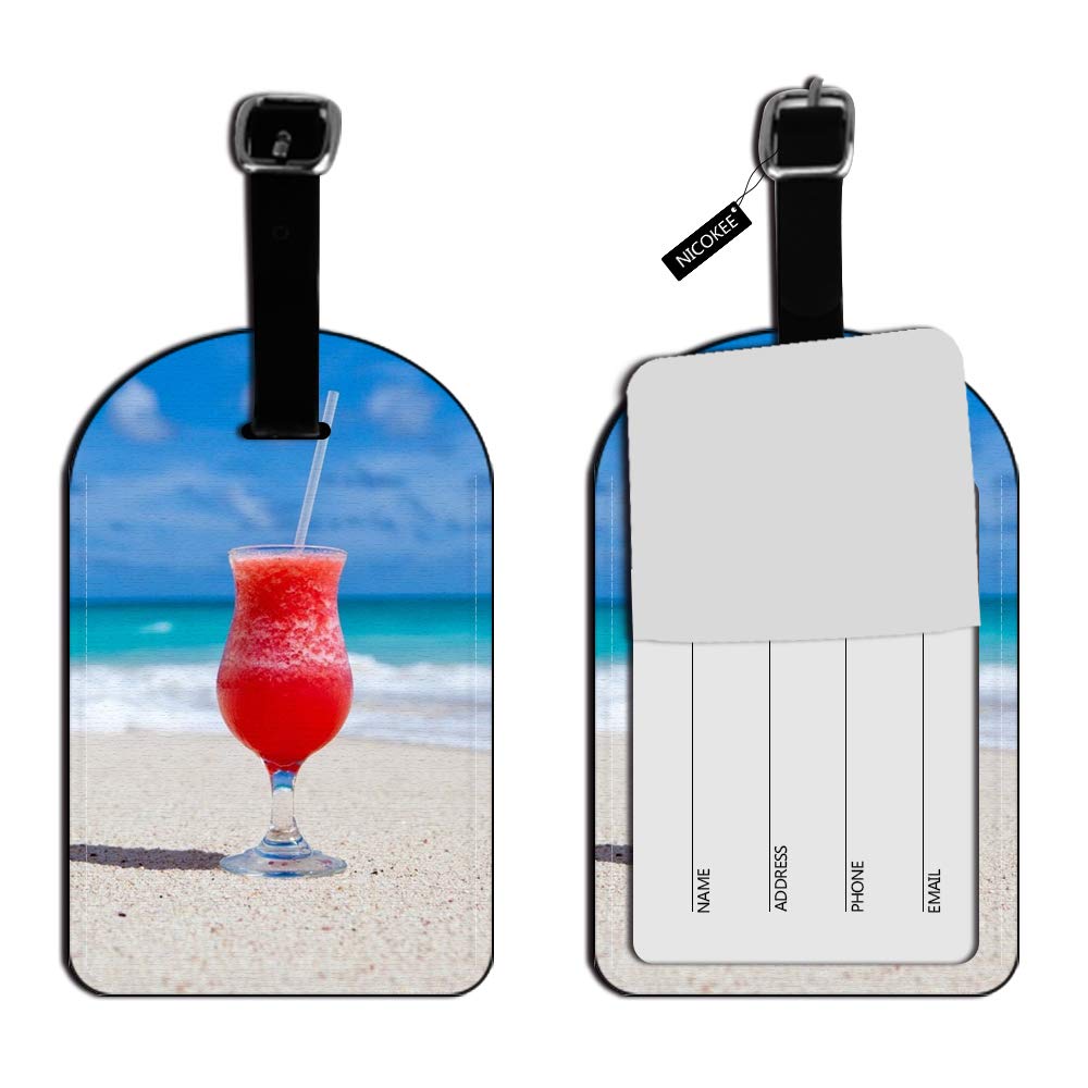 Caribbean Beach Cocktail Leather Luggage Tag - Tropical Drink Design Suitcase ID Label for Travel Bags (1 Pack) - Perfect for Vacation, Cruise & Beach Getaways