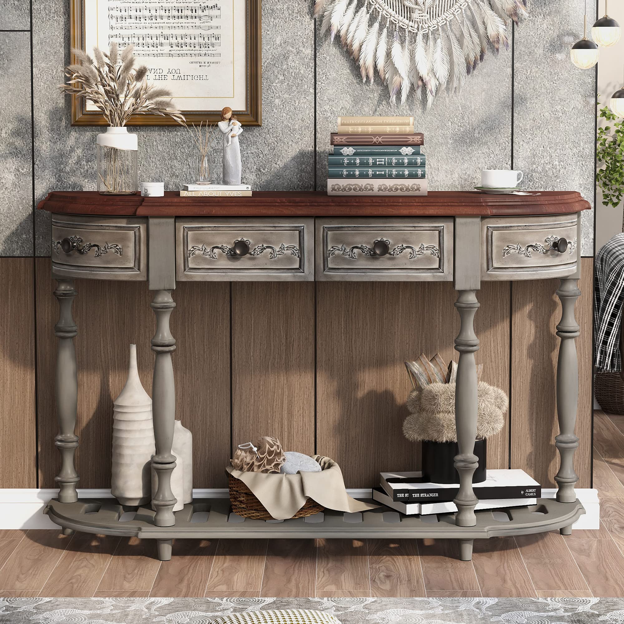 P PURLOVE Curved Console Table with 4 Drawers - Retro Solid Wood Sofa Table with Sturdy Frame & Legs - Half Moon Entryway Table for Living Room, Kitchen, Hallway - Antique Gray Finish - Perfect for Small Spaces & Home Decor