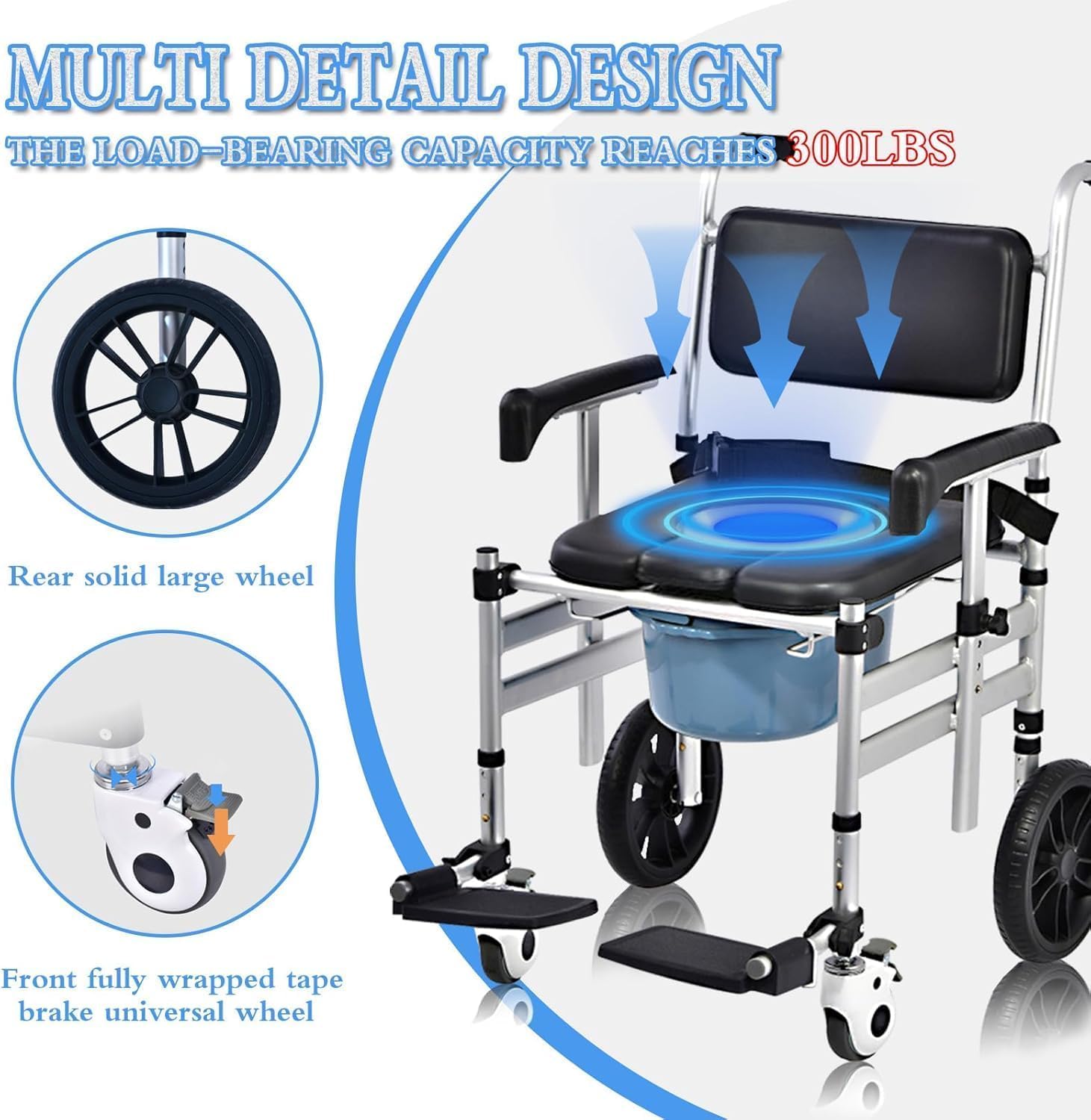 4-in-1 Adjustable Shower Wheelchair with Padded Seat, Detachable Bucket & Flip-Up Footrest - Folding Commode Chair for Elderly & Disabled (Black) | Bathroom Safety, Bedside Toilet & Mobility Aid for Home Care