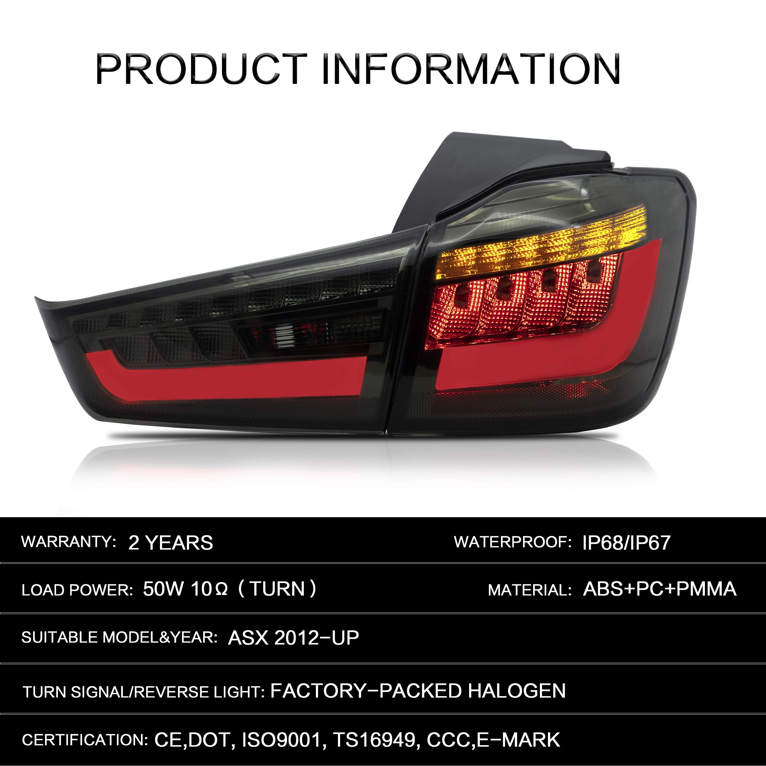 VLAND LED Tail Lights Assembly for 2010-2015 Mitsubishi ASX/Outlander Sport - Smoked Black Taillamps with Turn Signal, Reverse Lights & DRL - Plug & Play Installation - Perfect for Night Driving & Car Customization
