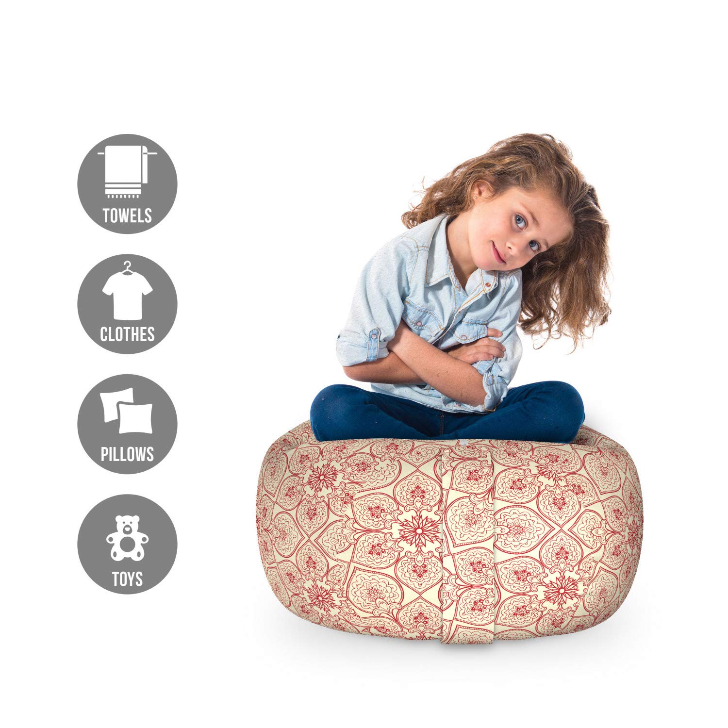 Ambesonne Traditional Toy Storage Bag Chair - Far Eastern Bohemian Floral Design Stuffed Animal Organizer - Washable Small Size in Red & Cream - Perfect for Kids' Room, Nursery, and Playroom Organization