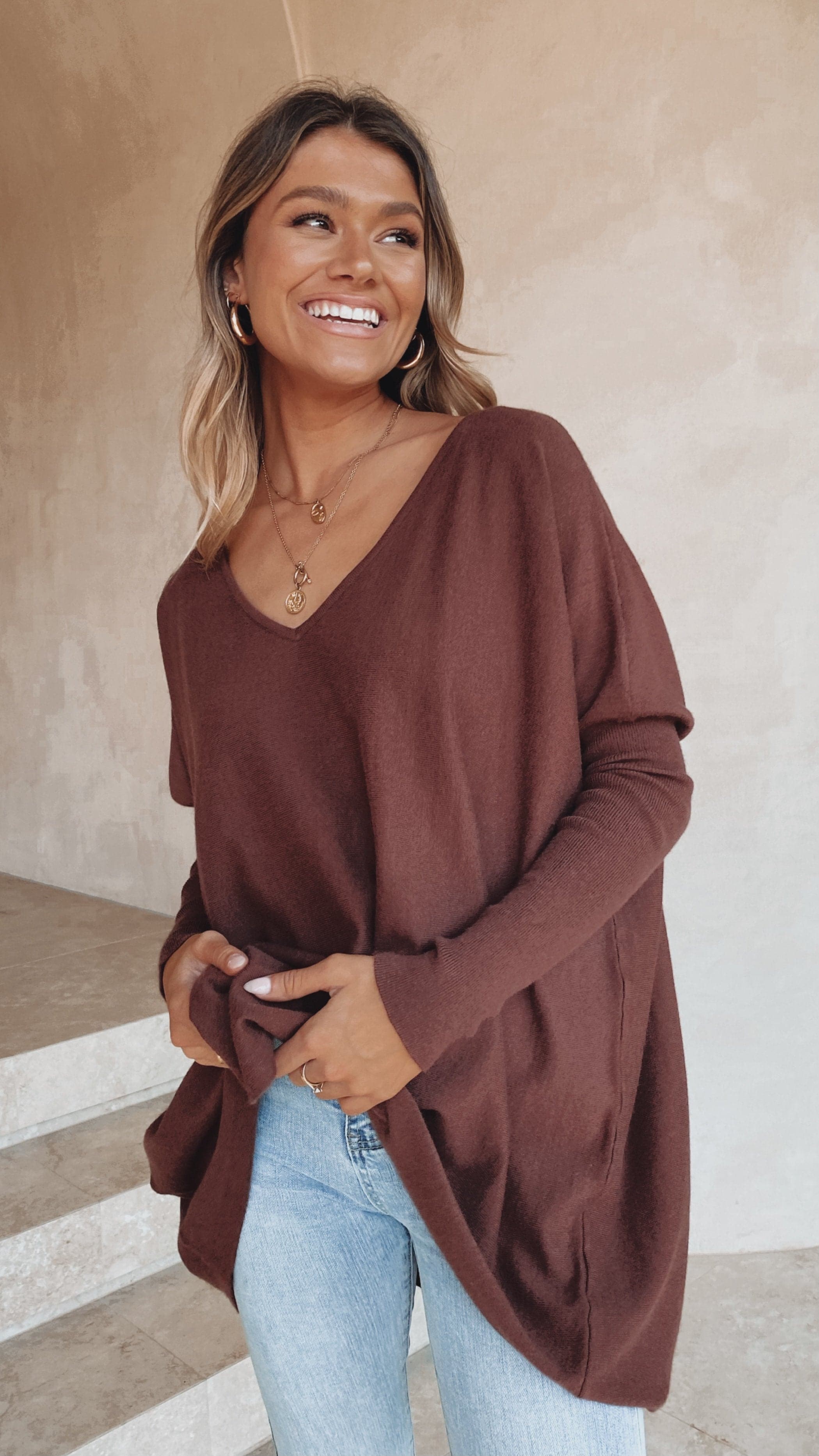 Amalia Knit Top Women's Casual Long Sleeve Sweater Chocolate Brown - Perfect for Fall Layering & Office Wear