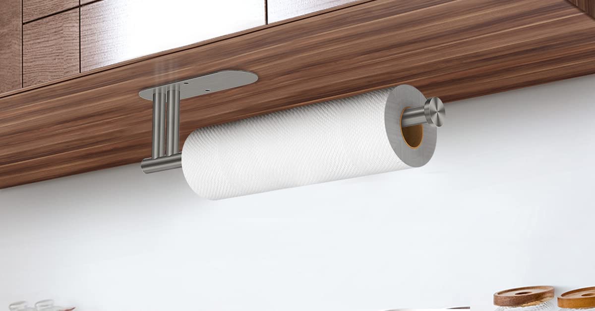 Under Cabinet Paper Towel Holder - New Upgrade Double Rod Bearing, Self-Adhesive or Wall Mounted Kitchen Towel Roll Organizer (Grey) | Perfect for Small Kitchens, RVs & Apartments
