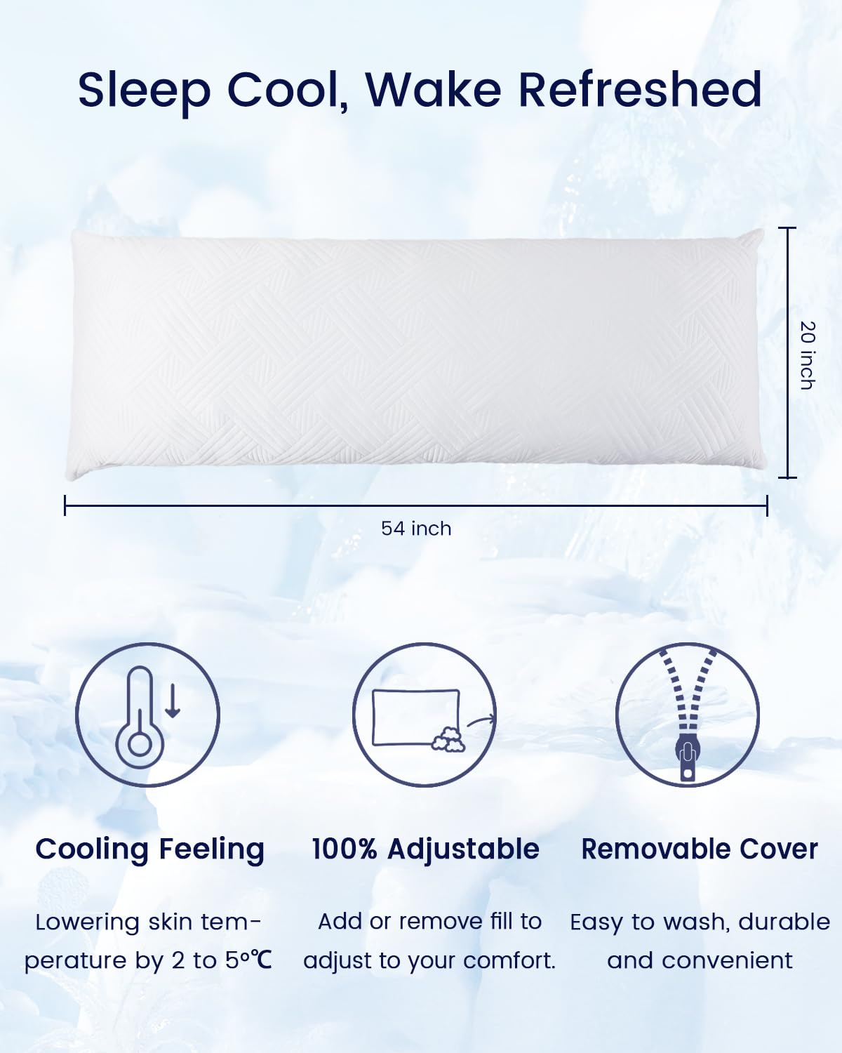 ZonLi Cooling Body Pillow 20x54 Inches - Adjustable Memory Foam Filling Long Body Pillow for Adults with Removable Cover - Full Size Bed Pillow for Hot Sleepers, Pregnancy Support & Side Sleepers - Perfect for Back Pain Relief & Comfortable Night Sleep (Cloud White)