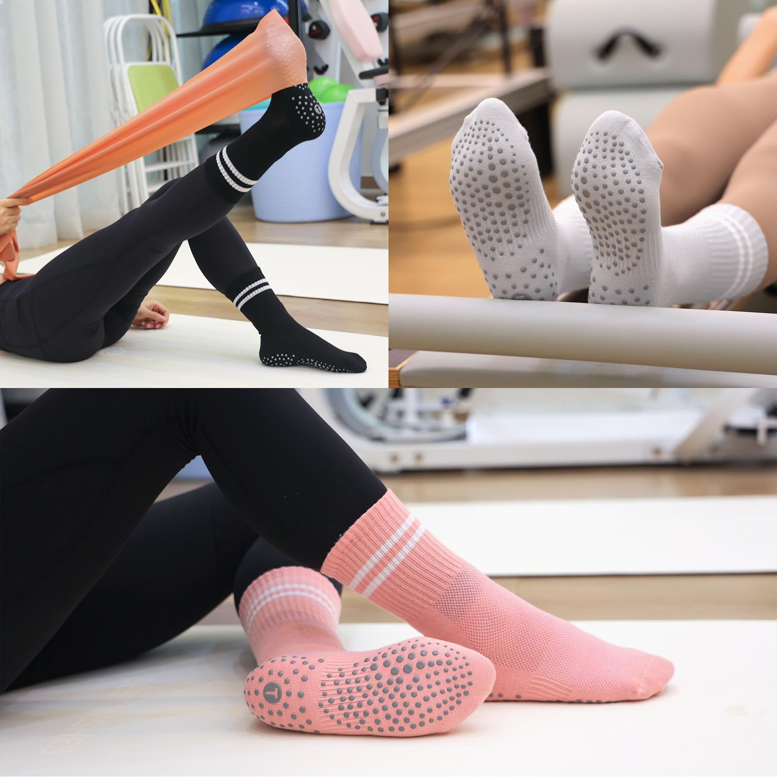 Non-Slip Pilates Socks for Women - 4 Pairs Yoga Crew Socks with Grip Dots for Barre, Hospital & Home Use - Sticky Slipper Socks for Workout & Recovery