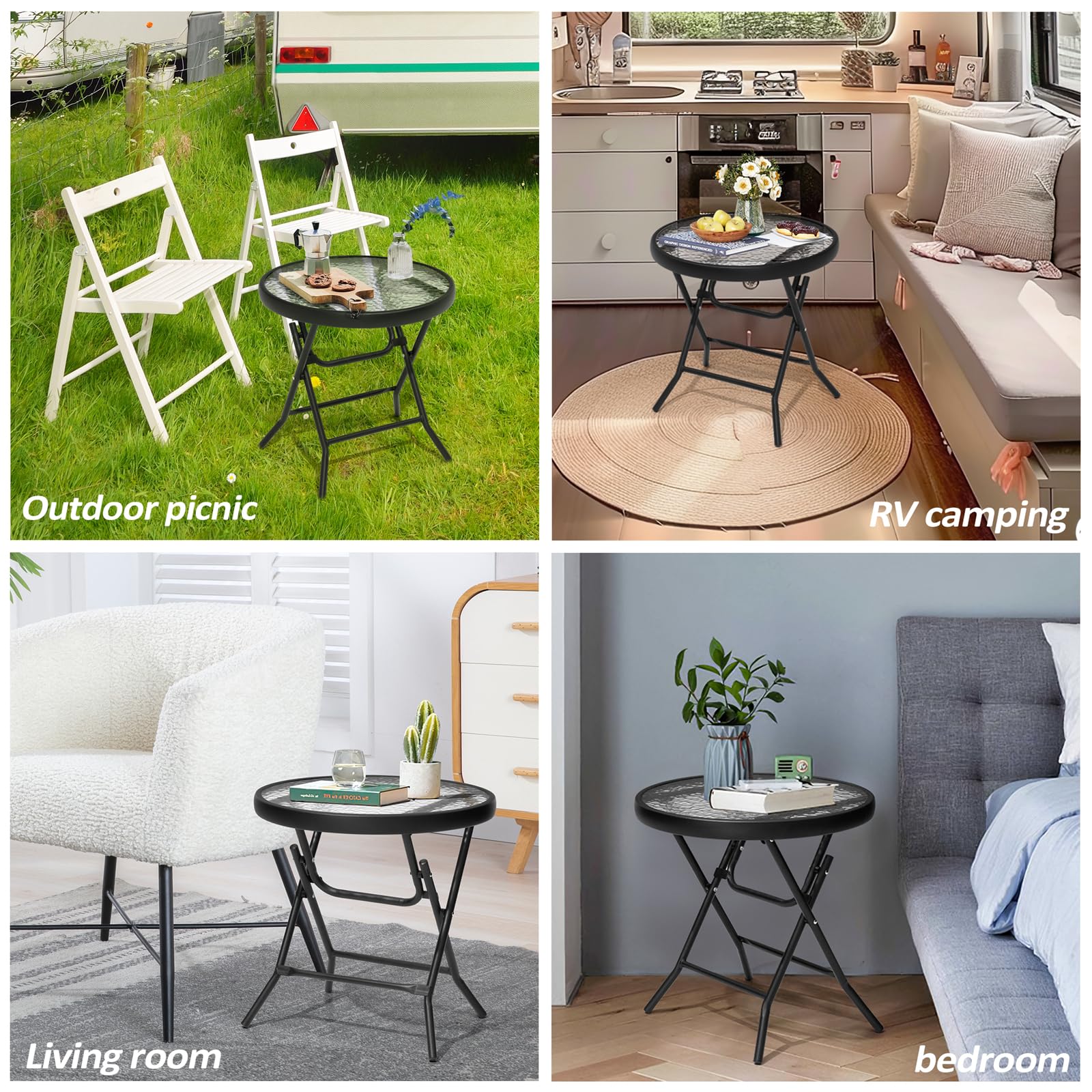 Foldable Side Table Set of 2 with Tempered Glass Top 18