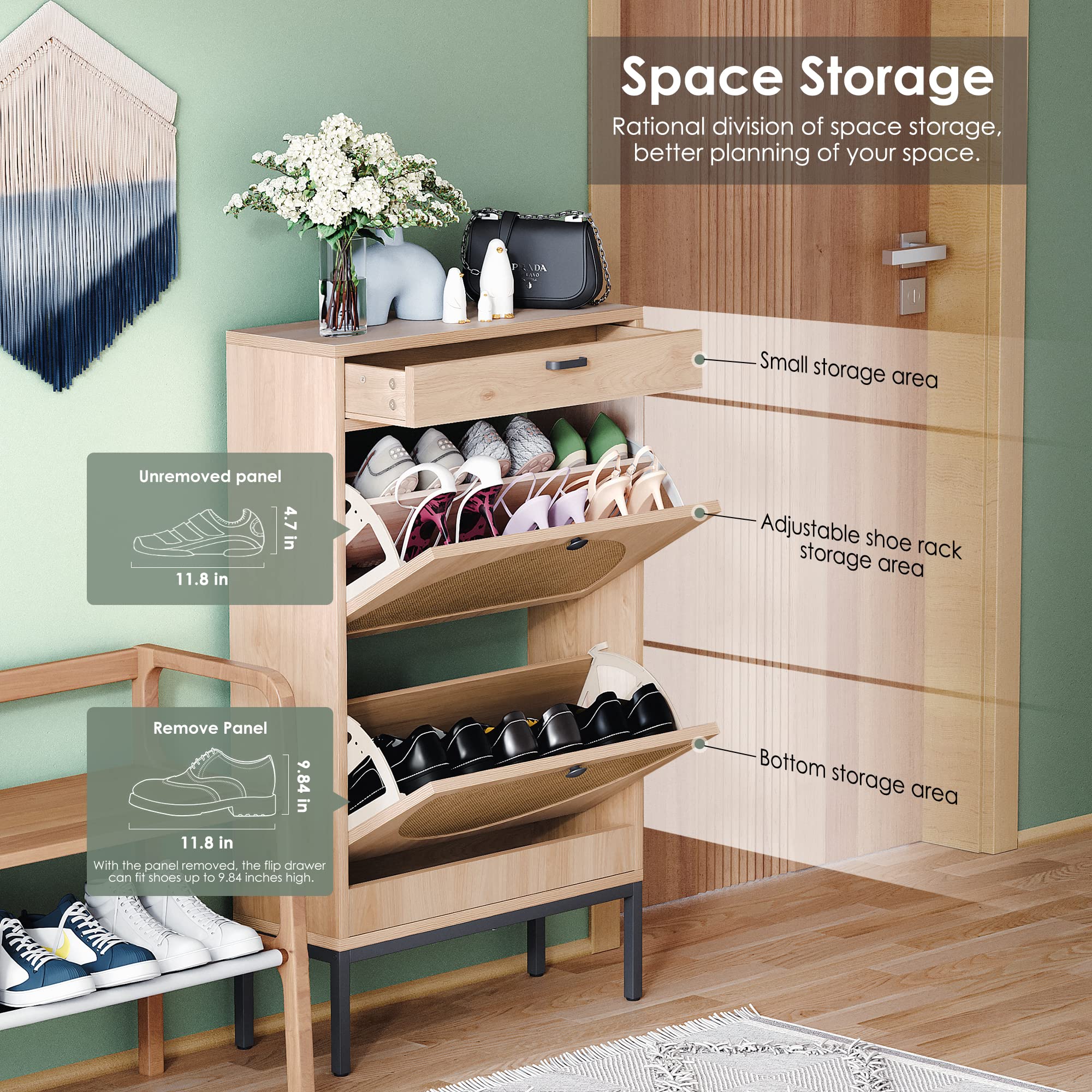Yechen 2-Tier Wooden Shoe Rack with Rattan Doors - Entryway Shoe Storage Cabinet for Sneakers, Boots, High Heels & Slippers (Oak Finish) - Perfect for Small Spaces, Hallway Organization & Closet Storage