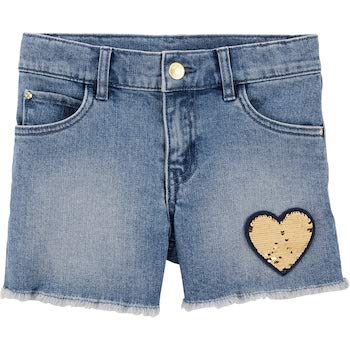 Carter's Girls' Stretch Denim Shorts with Sequined Heart Design - Size 4 | Comfortable Playwear for Summer, School & Outdoor Activities