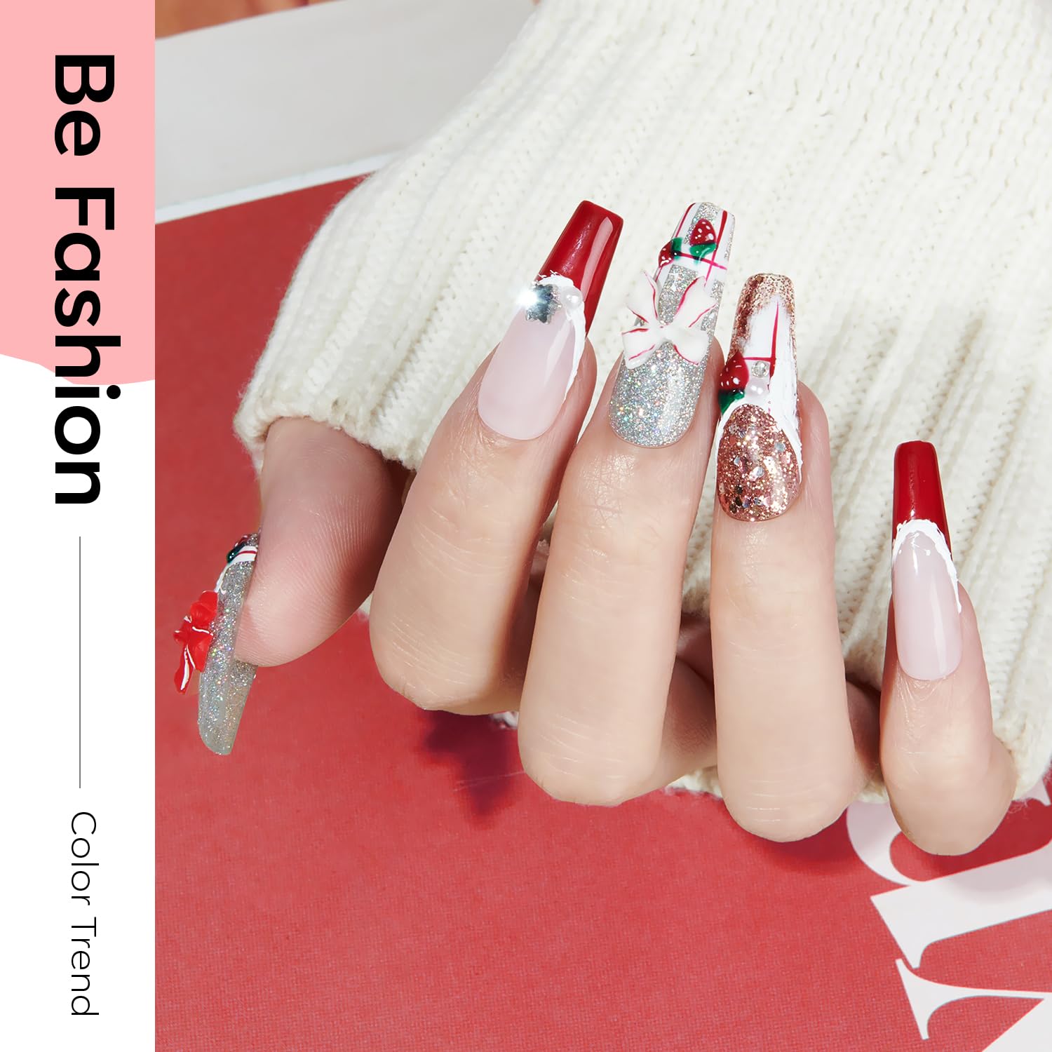 Modelones 6 Colors Red Gel Nail Polish Set - White Glitter, Sparkle Burgundy, Dark Rose, Champagne Silver, Candy Cane | Soak Off UV LED Nail Art Kit for Manicure, Salon & DIY | Perfect Gift for Women, Home Nail Care & Party Looks