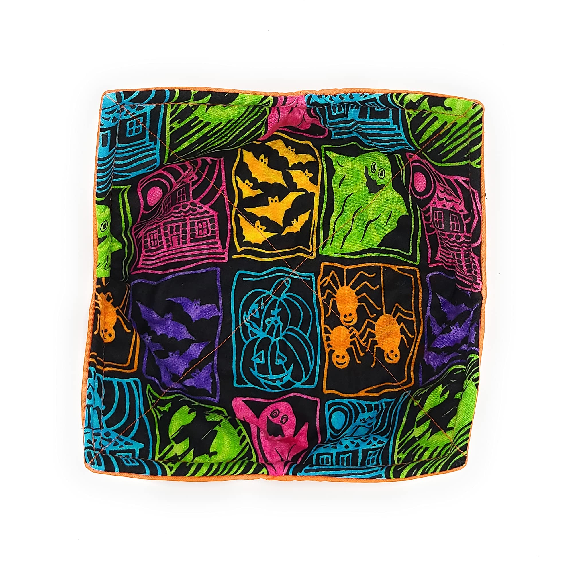 Spooky Halloween Microwave Cozy - Reversible Microwaveable Potholder with Bats, Witches, Ghosts & Pumpkins - Haunted House Design Bowl Holder - Non-Candy Trick or Treat Gift for Teachers (Handmade Under $10) - Perfect for Halloween Parties, Kitchen Decor & Cozy Fall Gatherings