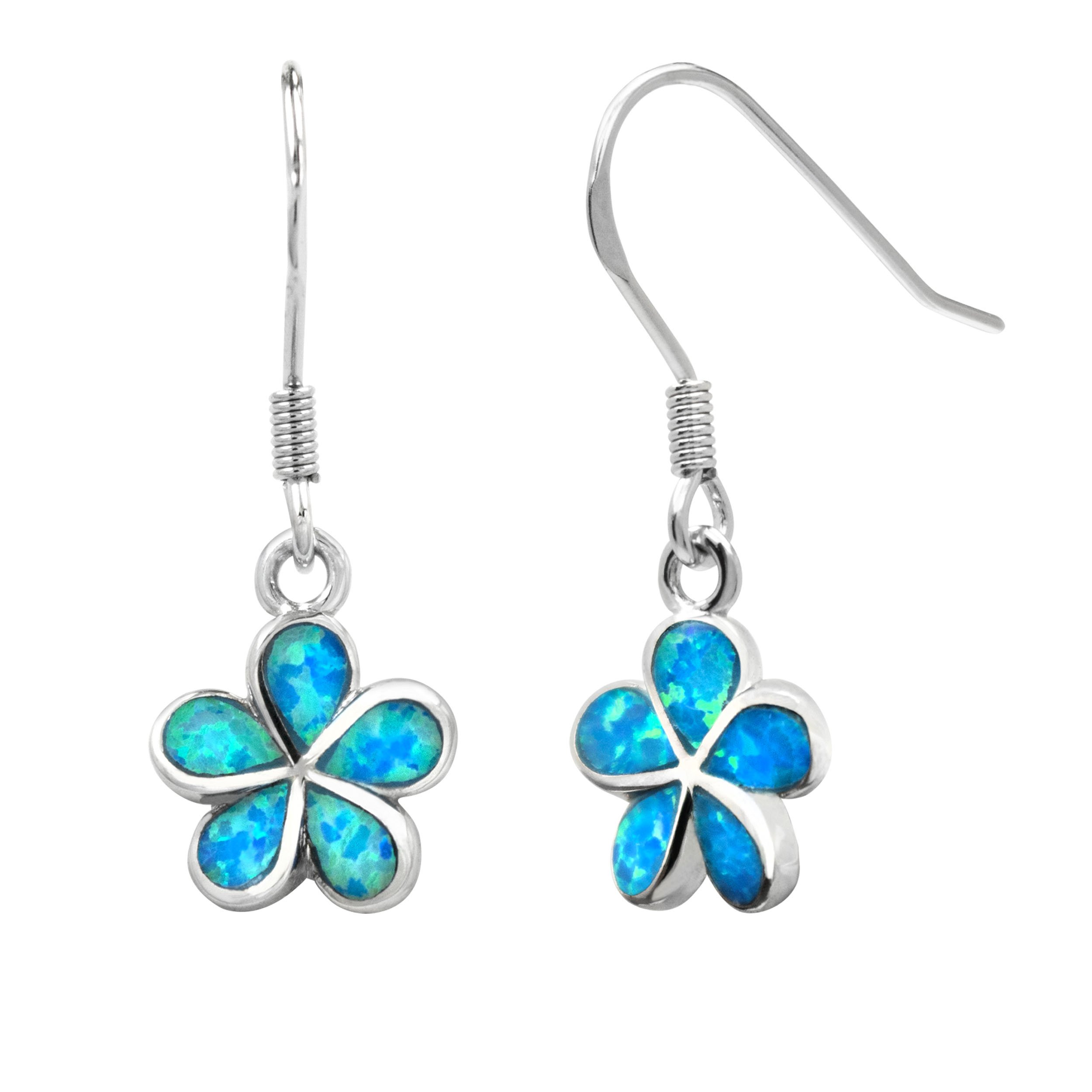 Sterling Silver Plumeria Flower Hook Earrings with Simulated Blue Opal - Dainty Boho Jewelry for Women, Gift for Her, Perfect for Summer, Beach, and Vacation Wear