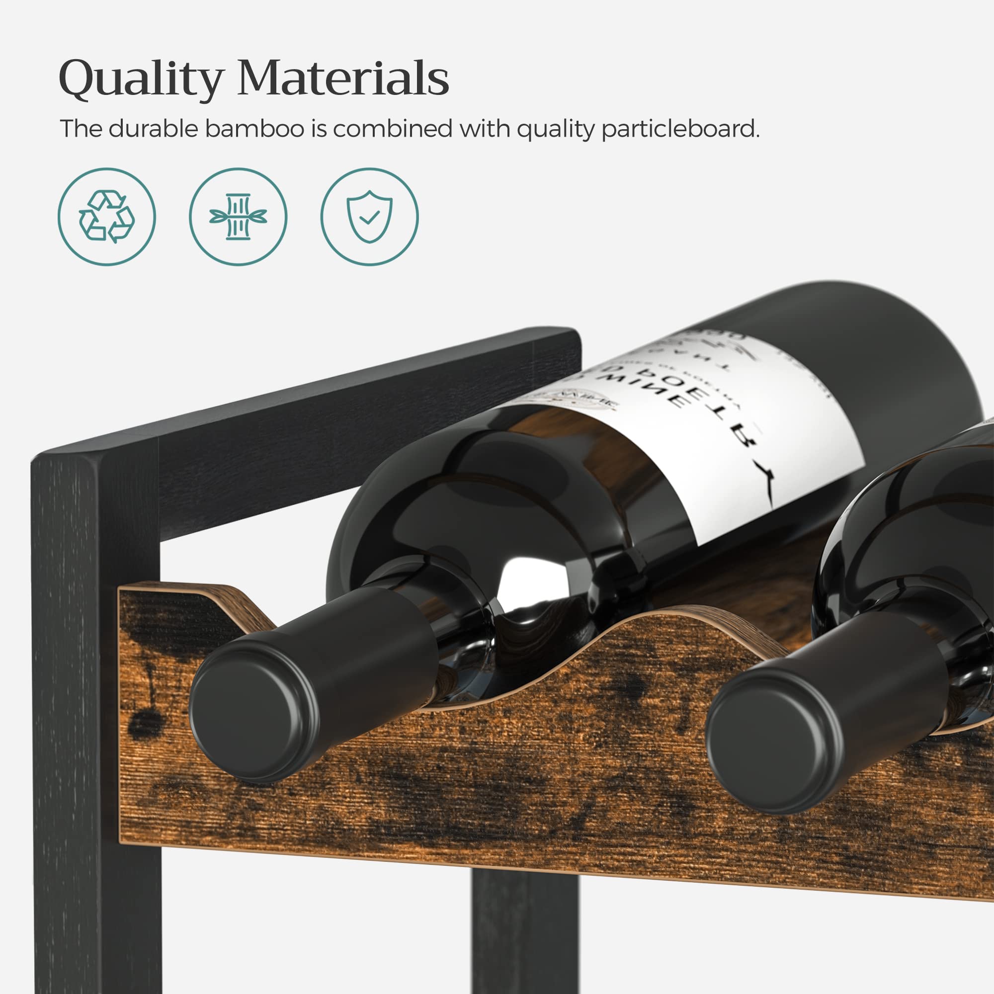 SONGMICS 3-Tier Bamboo Wine Rack - Holds 12 Bottles, Tabletop Wine & Water Bottle Organizer for Kitchen, Bar, Pantry - Rustic Brown & Black Countertop Storage Shelf for Home & Office Use