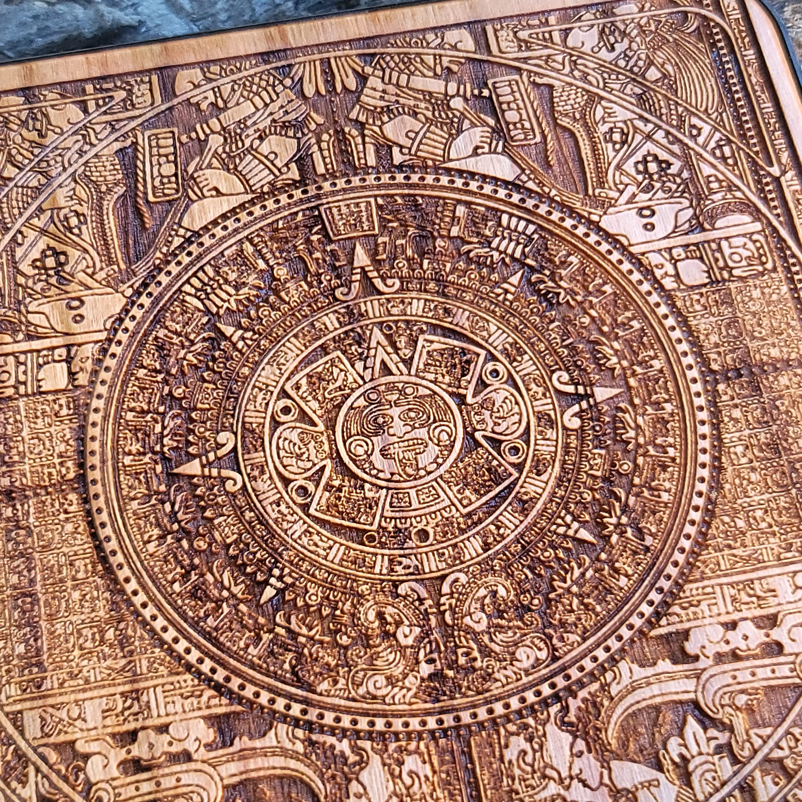 15W Fast Qi Wireless Charger Pad - Laser Engraved Aztec Calendar Cherry Wood with Black Aluminum Base | Compatible with iPhone 16, Galaxy S25/S24 | Tribal Art Desk Decor for Home & Office | Perfect Gift for Tech Lovers & Art Enthusiasts