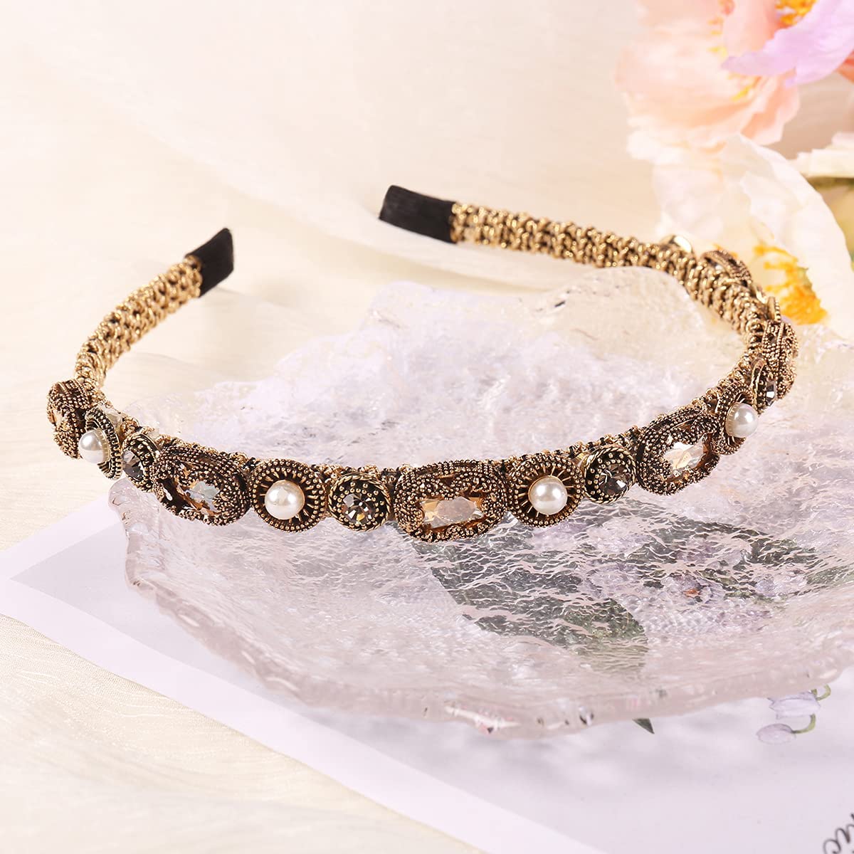 YARN & INK Gold Rhinestone Pearls Headbands for Women & Girls - Non-Slip Bling Hair Accessories for Parties, Weddings & Christmas Gifts (Baroque Champagne)