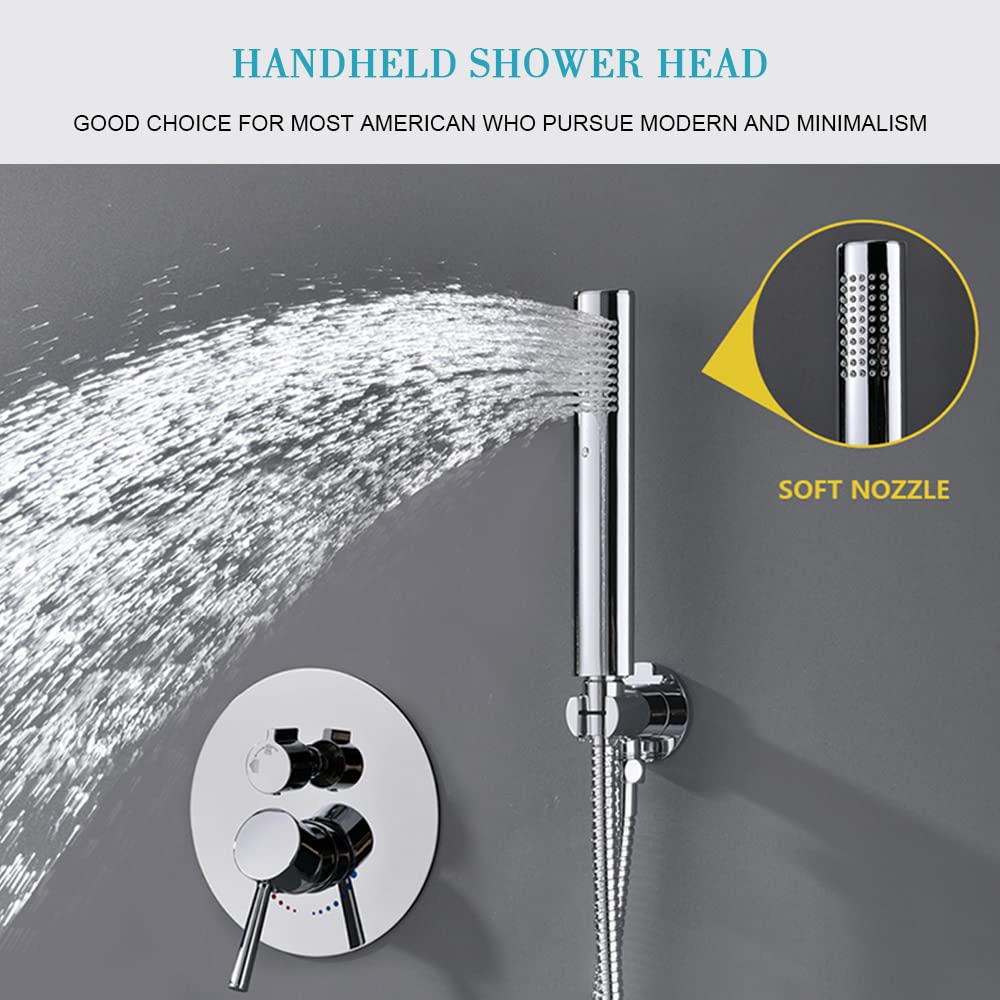 10 Inch Chrome Ceiling Shower System with Handheld Shower Head - Brass Rough-in Valve & Trim Kit - Modern Bathroom Shower Fixture for Spa-Like Experience - Perfect for Master Bath & Luxury Home Renovation