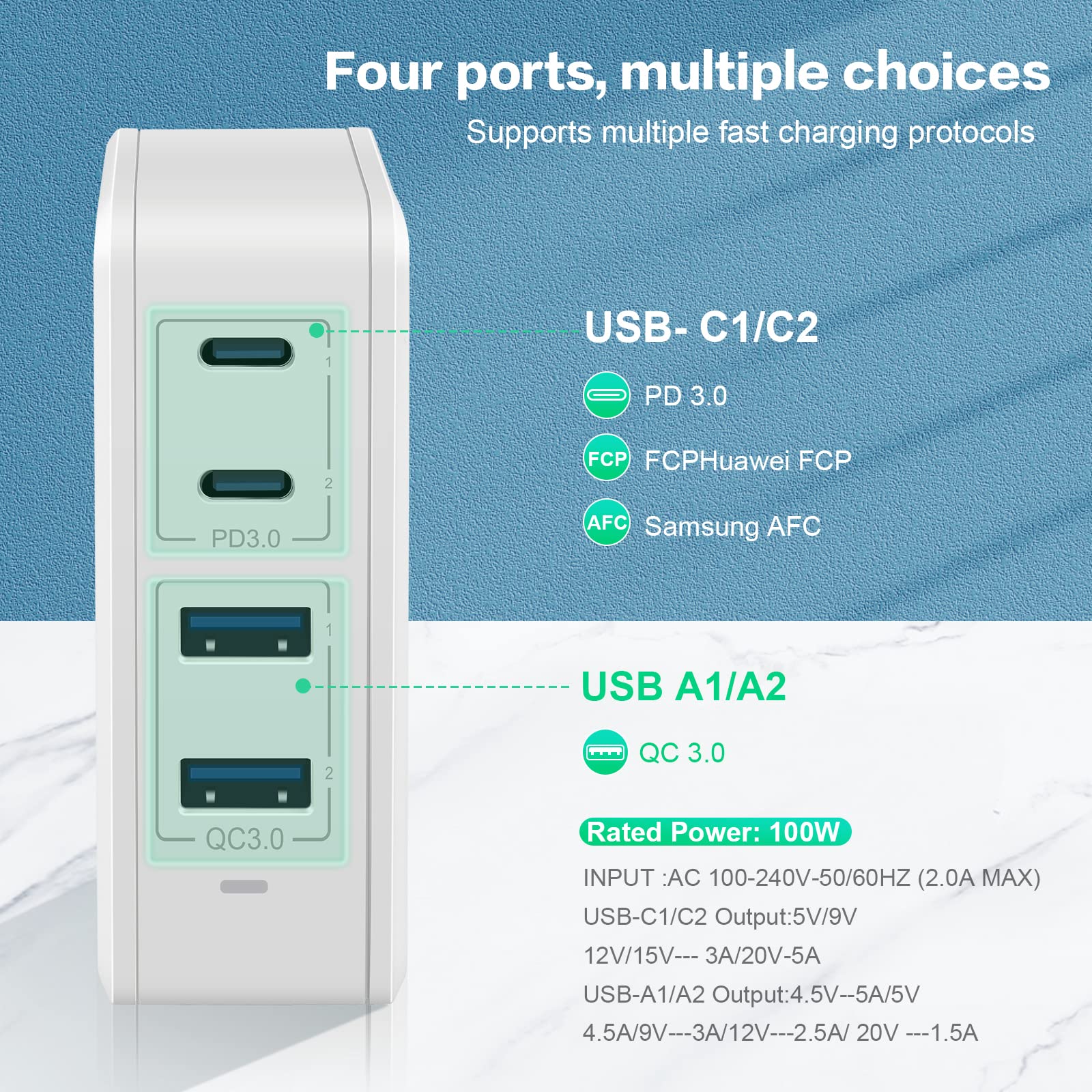 100W USB C Fast Charger PD 3.0 - 4 Port GaN Wall Charger for MacBook Pro/Air 2021, iPhone 15/14/13/12, iPad Pro, Galaxy S23/S22, Dell XPS - Compact & Powerful Charging Station for Home, Office & Travel (White)