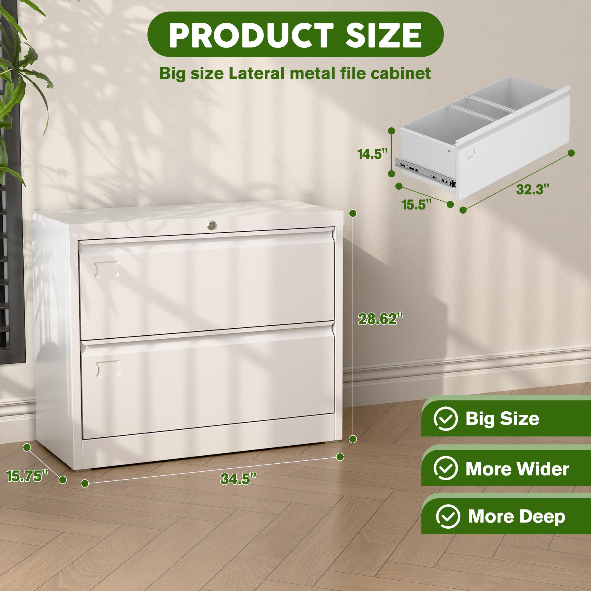 Aobabo 2-Drawer Lateral File Cabinet - Lockable Metal Filing Cabinet for Letter/Legal/F4/A4 Size Documents - Perfect for Home Office, School & Workspace Organization - White (Assembly Required)