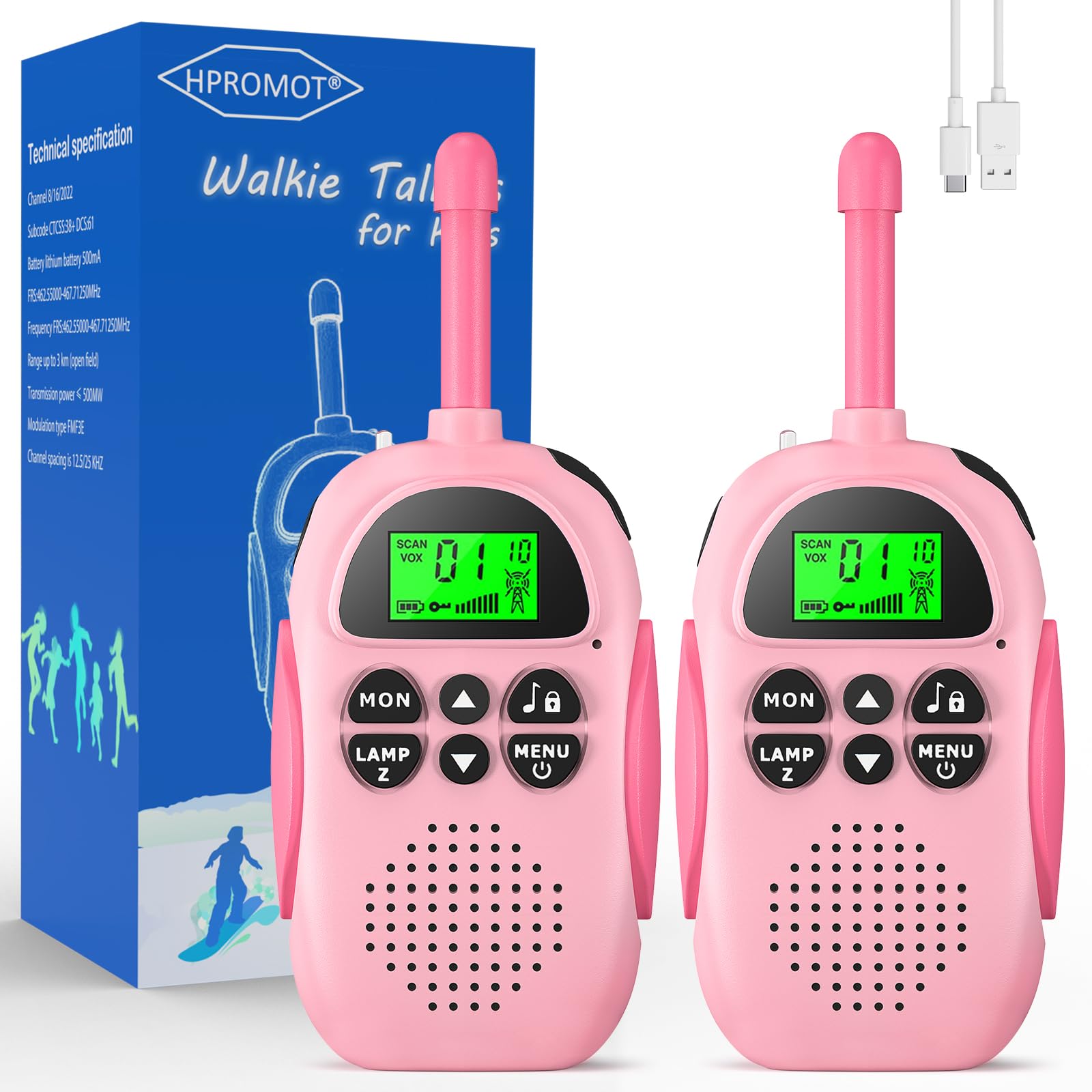 Rechargeable Walkie Talkies for Kids 2 Pack - 22 Channel Long Range Two Way Radios, Best Birthday Toy Gift for Boys & Girls Ages 3-12 - Perfect for Outdoor Adventures, Camping, Hiking & Family Games