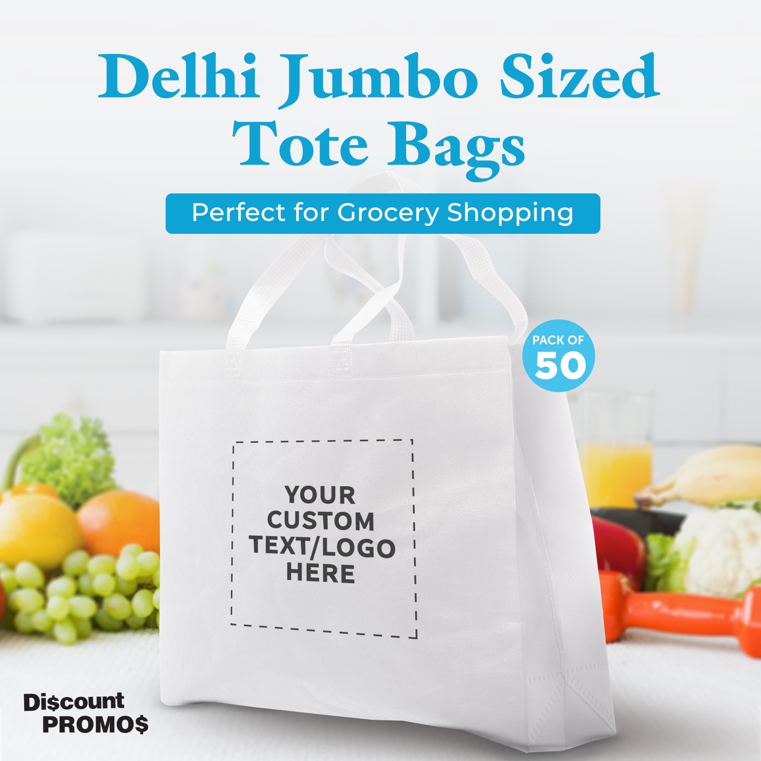 Custom Jumbo Reusable Tote Bags - Bulk Pack of 50 Personalized Grocery & Shopping Bags - Eco-Friendly Promotional Totes for Women in White - Perfect for Retail, Events, and Brand Giveaways