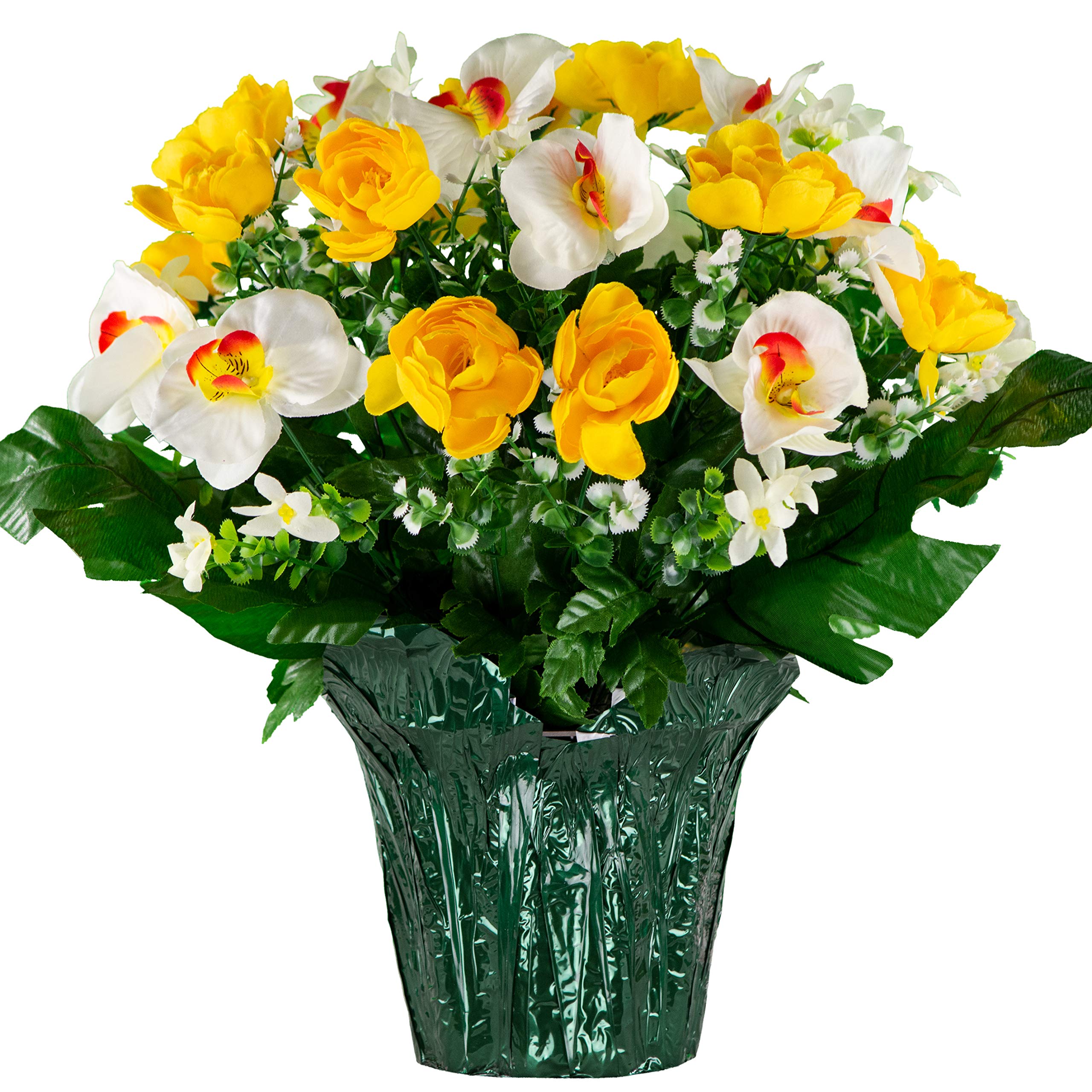 Sympathy Silks Artificial Flowers - Weighted Pot Bouquet Decoration - Fade Resistant Yellow Cabbage Rose & White Orchids - Home, Office & Memorial Floral Arrangement