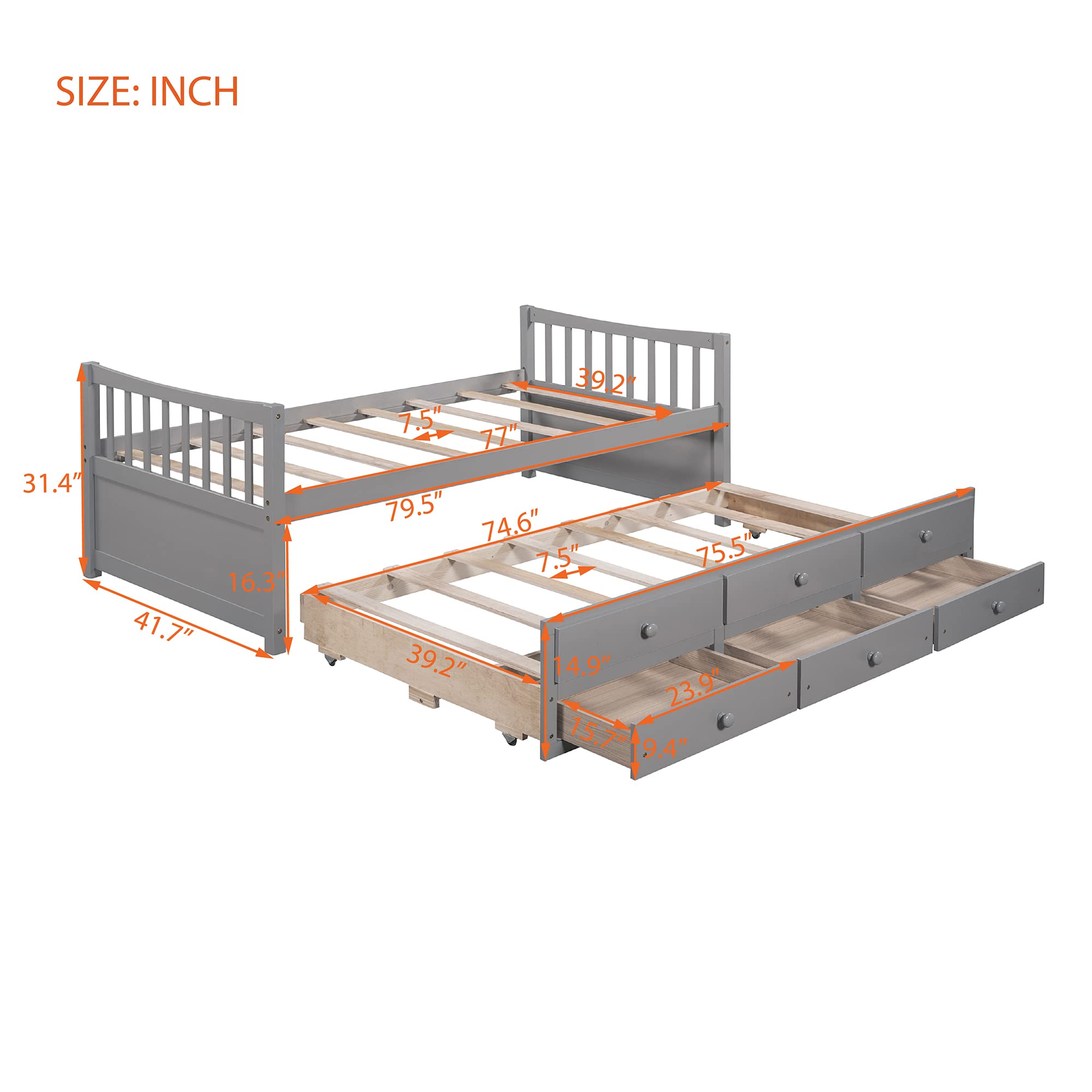 Harper & Bright Designs Twin Captain’s Bed with Storage Drawers & Trundle - Solid Wood Daybed for Kids & Guest Room, Gray - Perfect for Small Spaces & Sleepovers