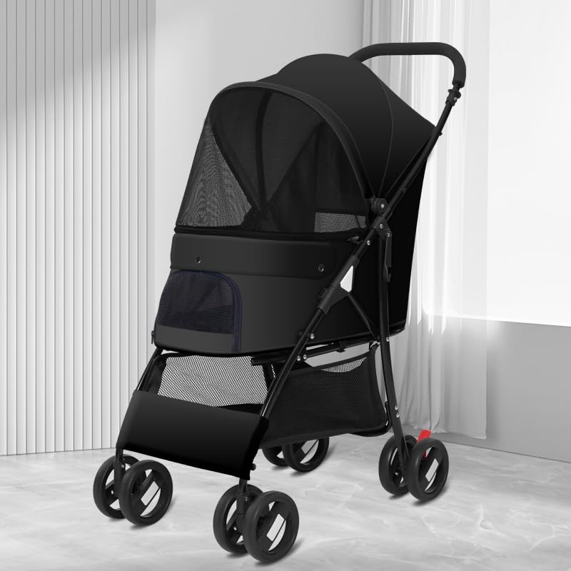 Foldable Jogger Pet Stroller with Weather Cover & Storage Basket - Lightweight Travel Carrier for Small/Medium Dogs & Cats up to 50lbs (Black) - Perfect for Park Walks, Vet Visits & Outdoor Adventures